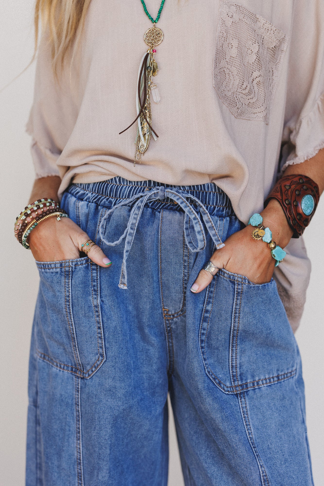 Sudden Spark Drawstring Barrel Jeans - Denim - Image 2