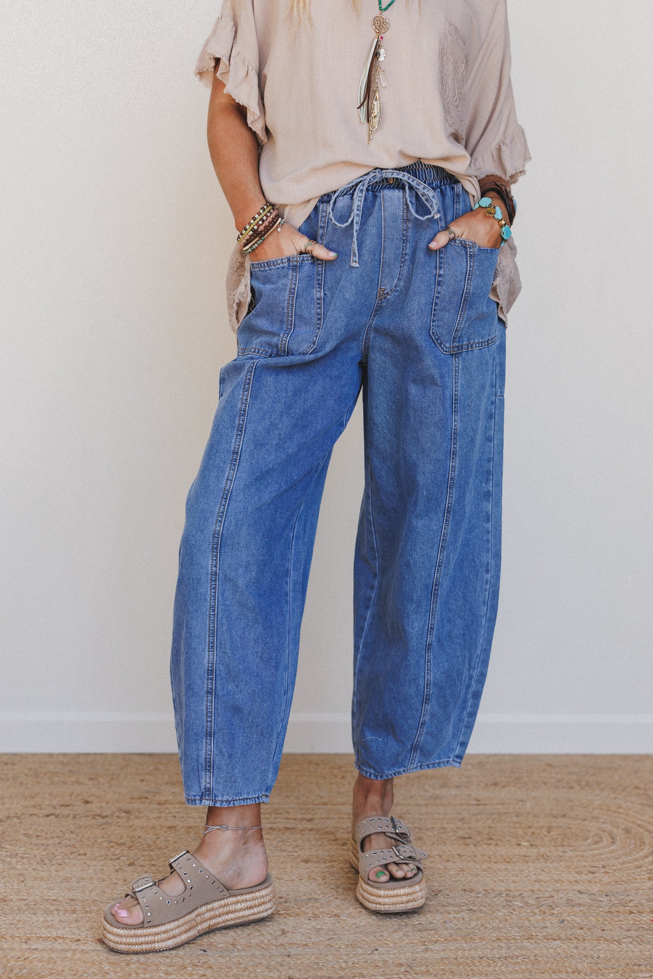 Sudden Spark Drawstring Barrel Jeans - Denim - Image 4