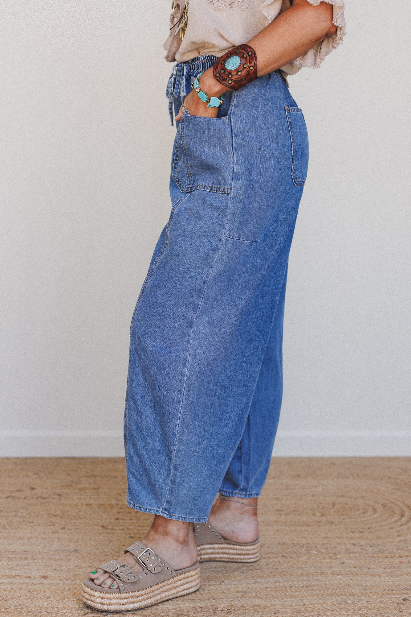 Sudden Spark Drawstring Barrel Jeans - Denim - Image 5