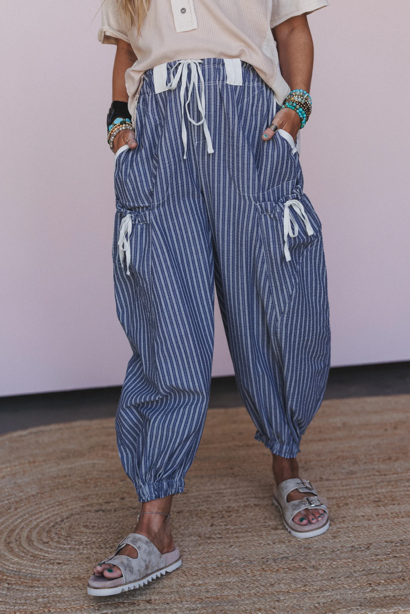 Sunday Social Striped Drawstring Joggers - Blue - Image 3