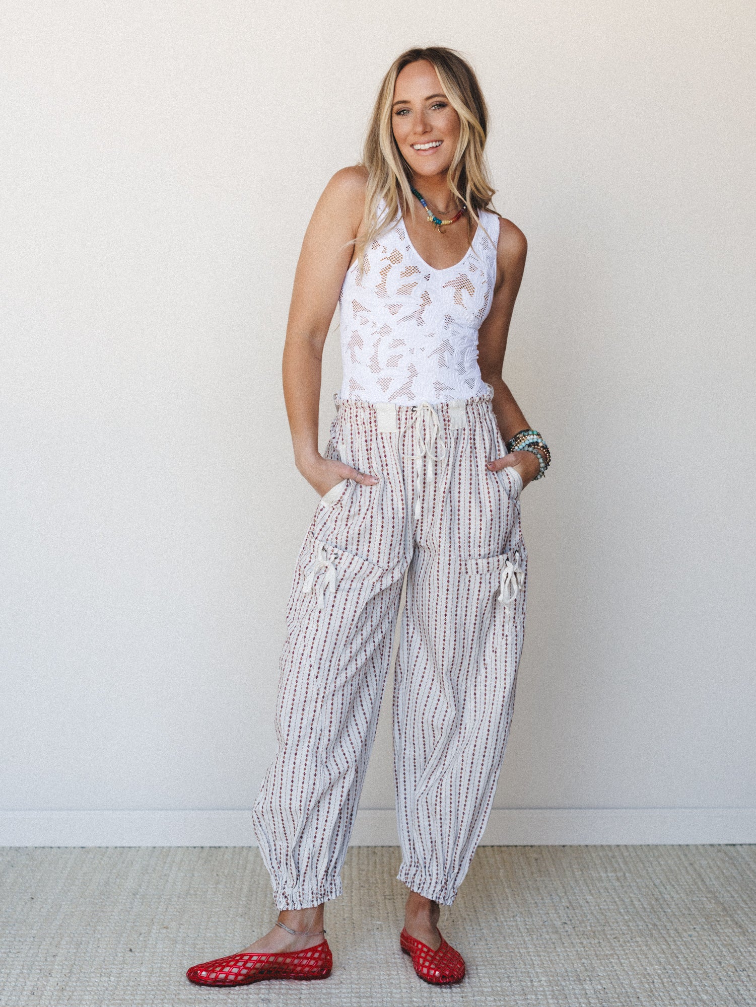 Sunday Social Striped Drawstring Joggers - Oatmeal - Image 2