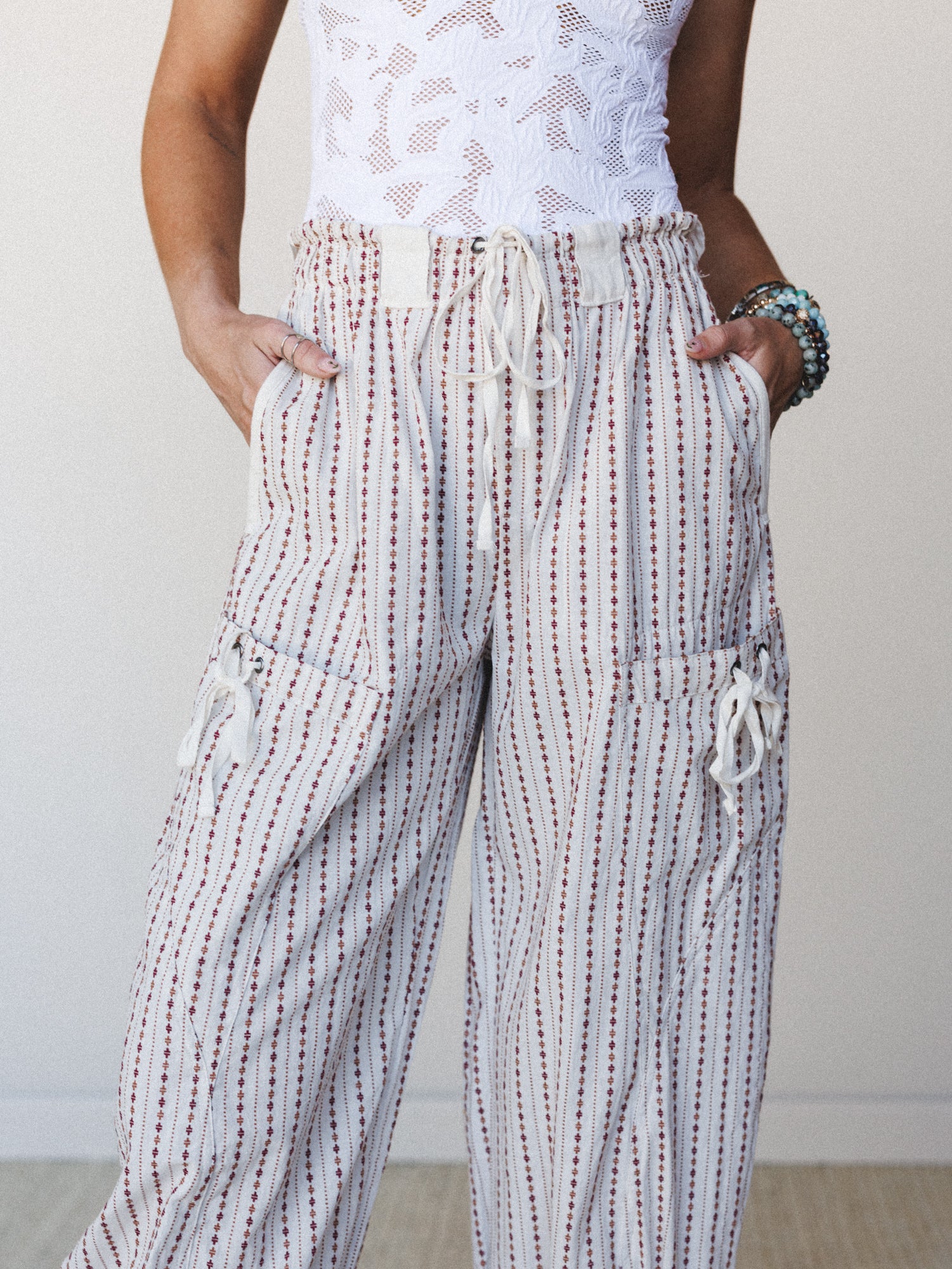 Sunday Social Striped Drawstring Joggers - Oatmeal - Image 3