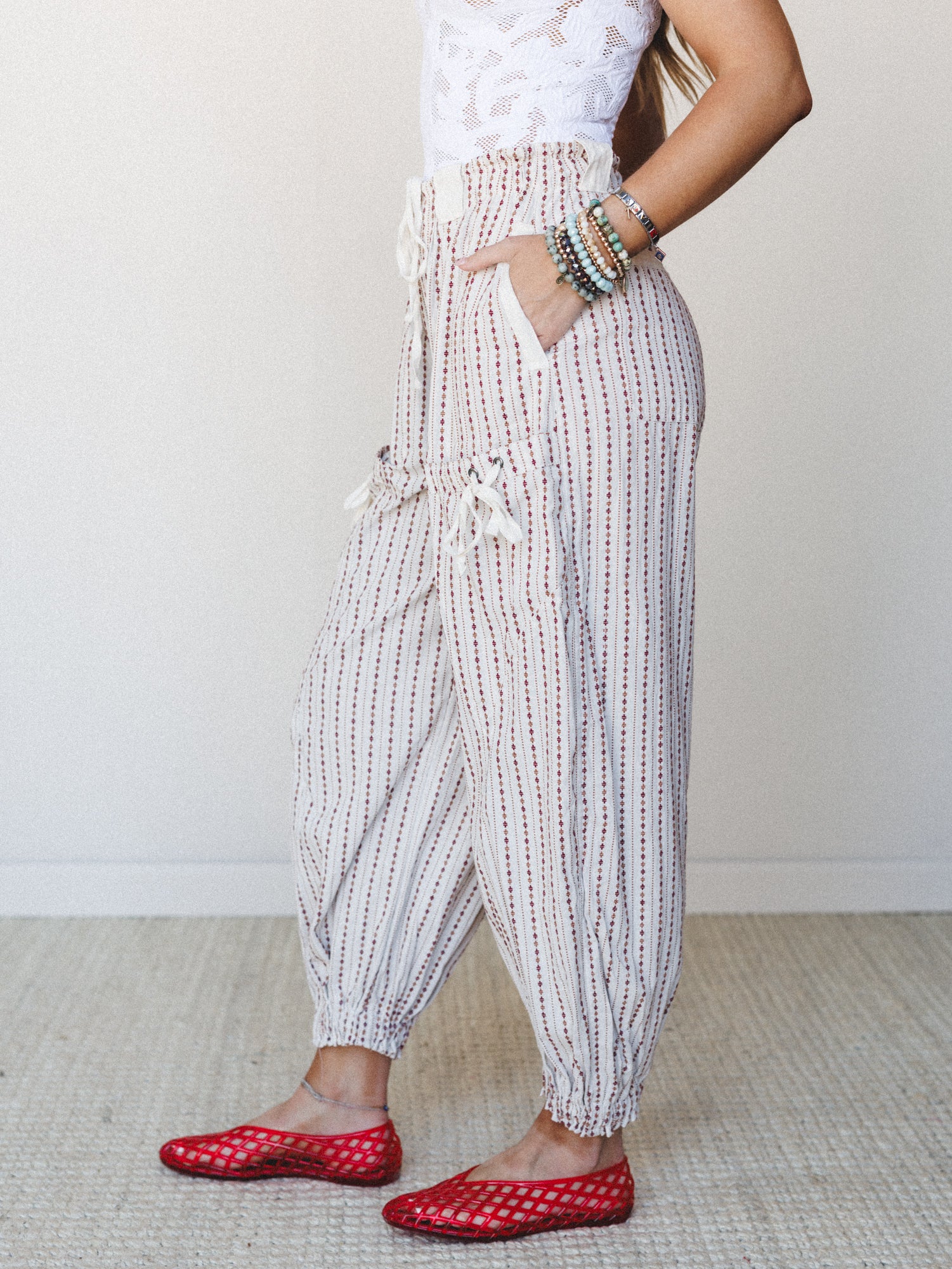 Sunday Social Striped Drawstring Joggers - Oatmeal - Image 4