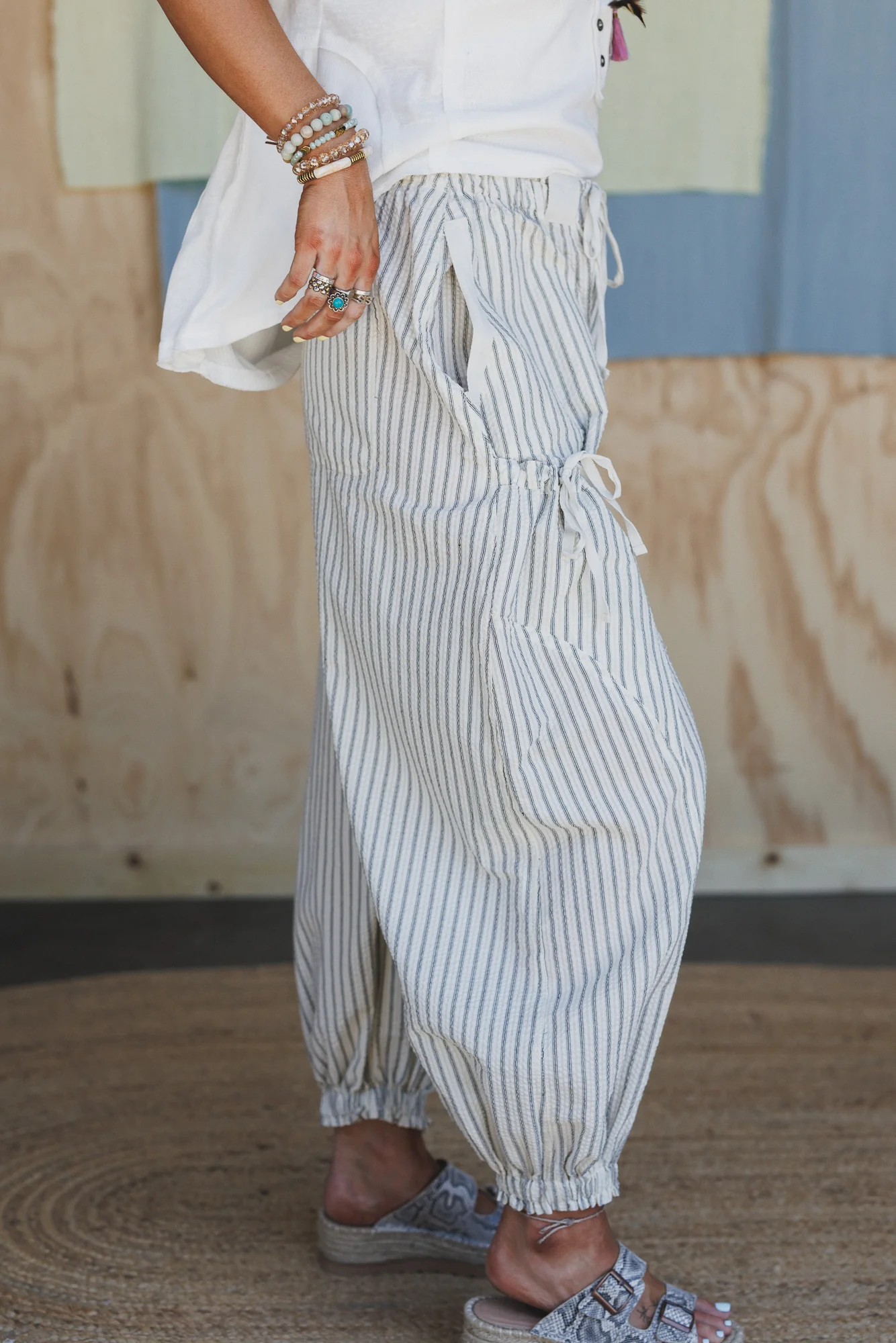 Sunday Social Striped Drawstring Joggers - Oatmeal - Image 4