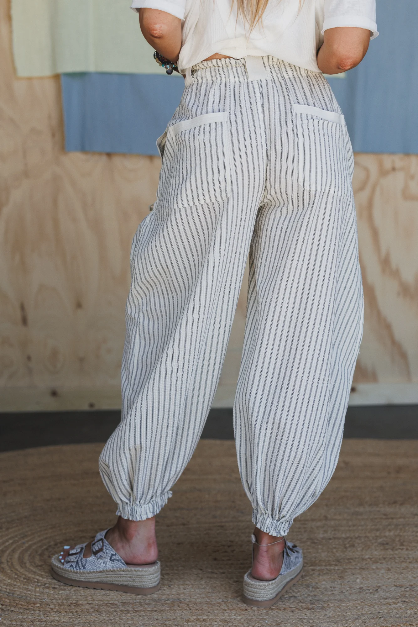Sunday Social Striped Drawstring Joggers - Oatmeal - Image 5