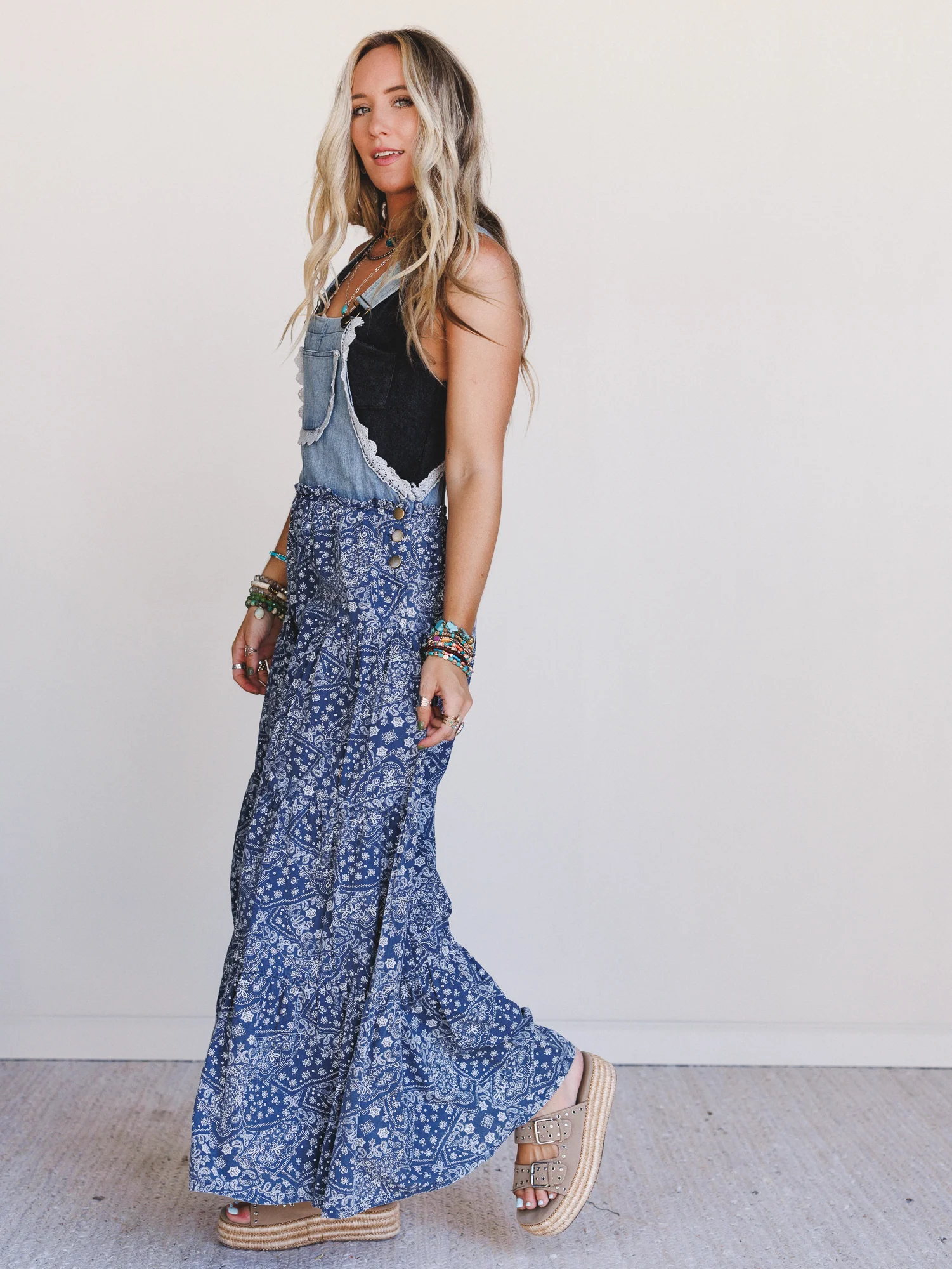 Sunset Paisley Tiered Overalls - Denim - Image 2