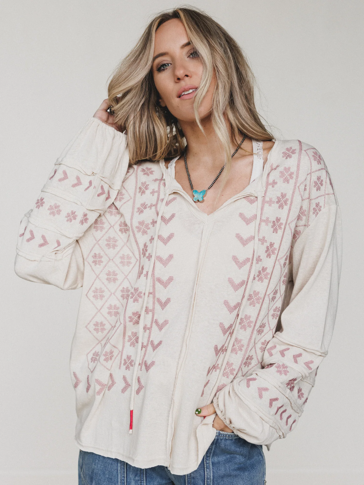 Sunset Palms Embroidered Top - Natural