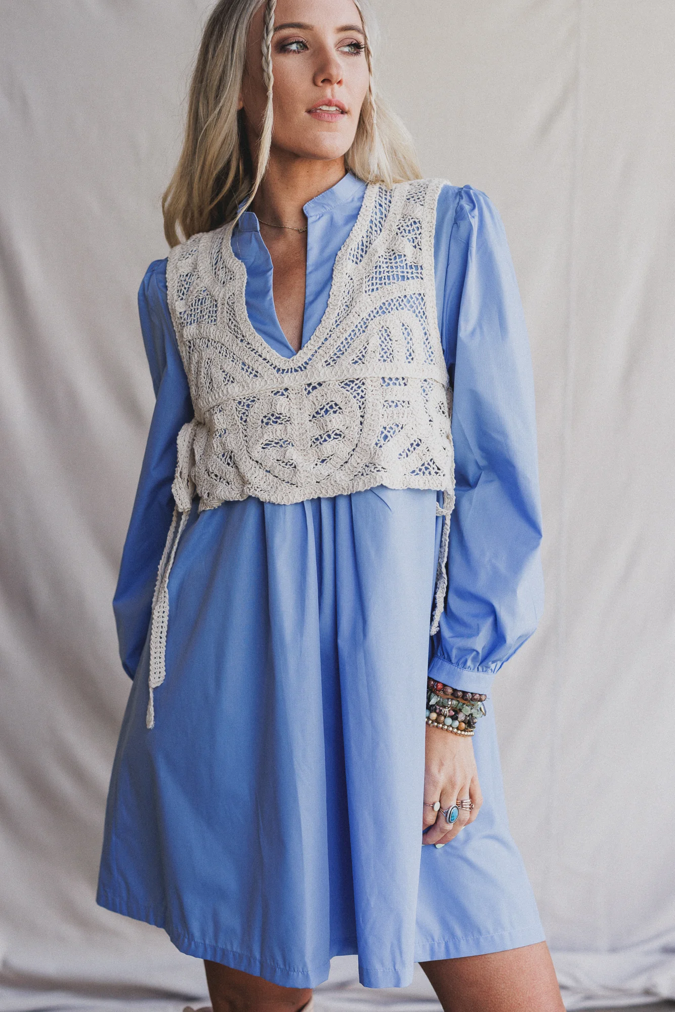 Sweet Edge Crochet Vest Tunic Dress - Light Blue - Image 2