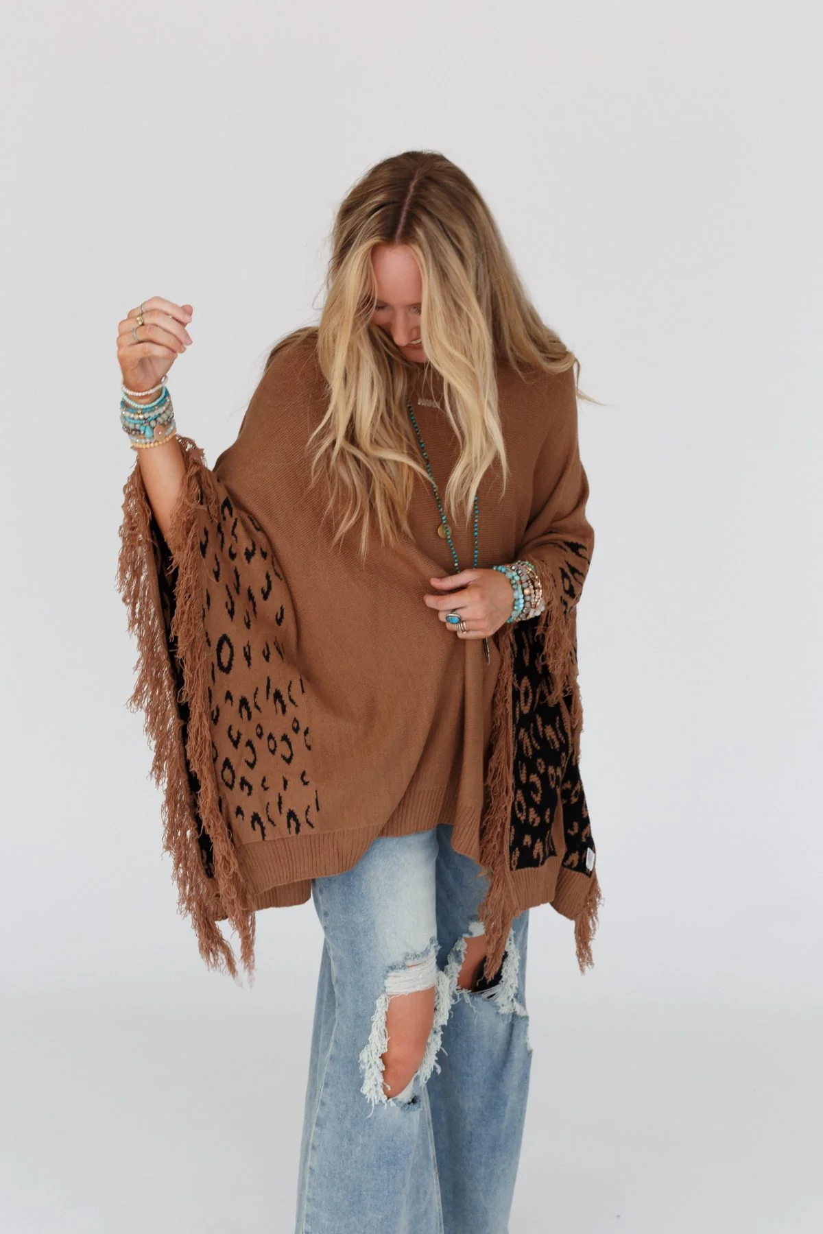 Tate Animal Print Poncho - Camel - Image 4