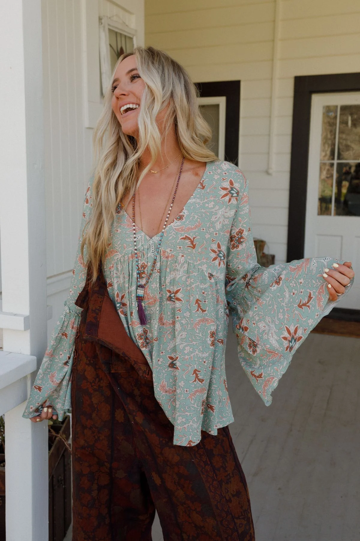 The Nest Brea Mixed Print Top - Sage Floral Print - Pre Order