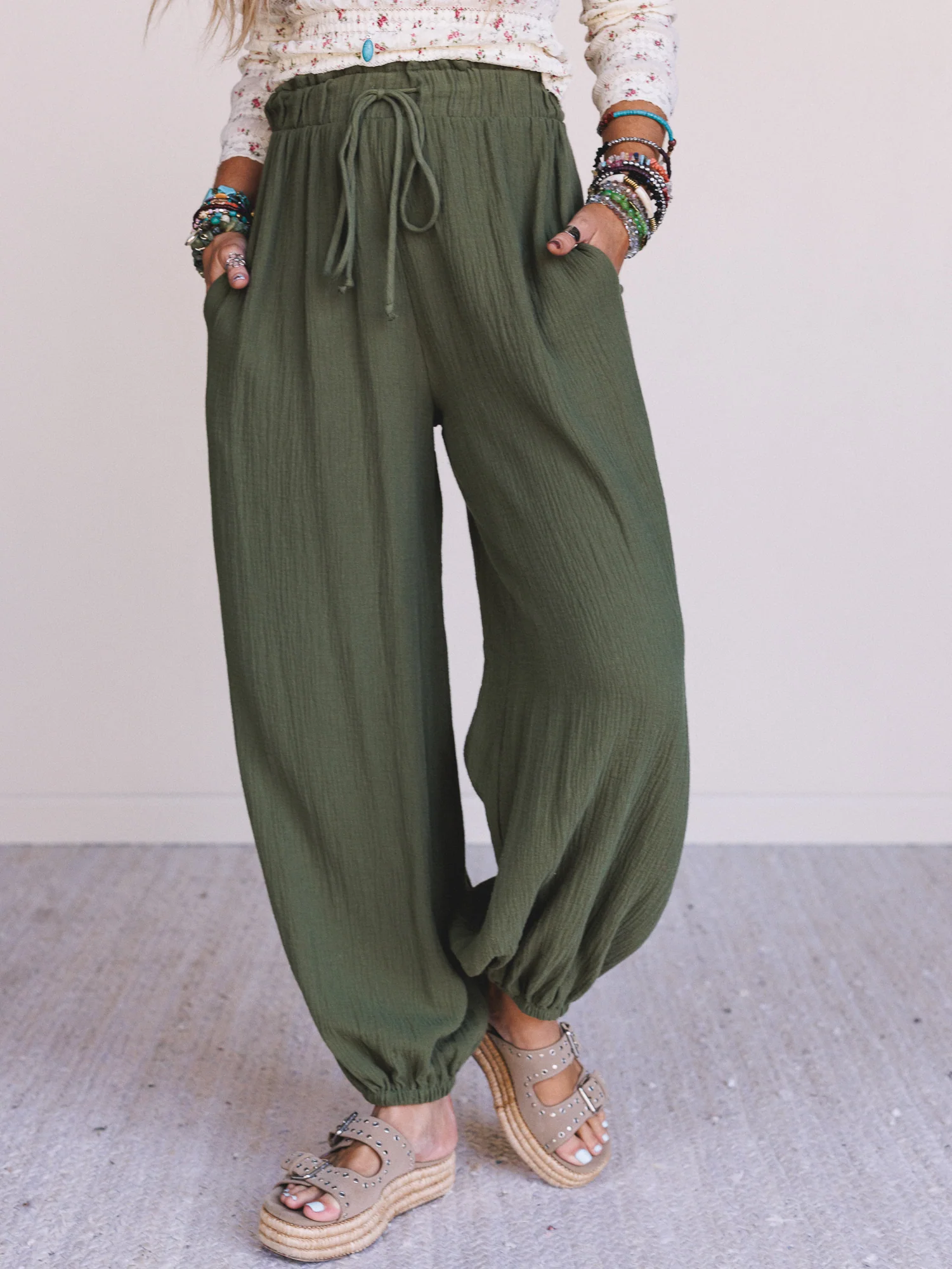 The Nest Celestia Wide Leg Cinched Pants - Olive - Image 2