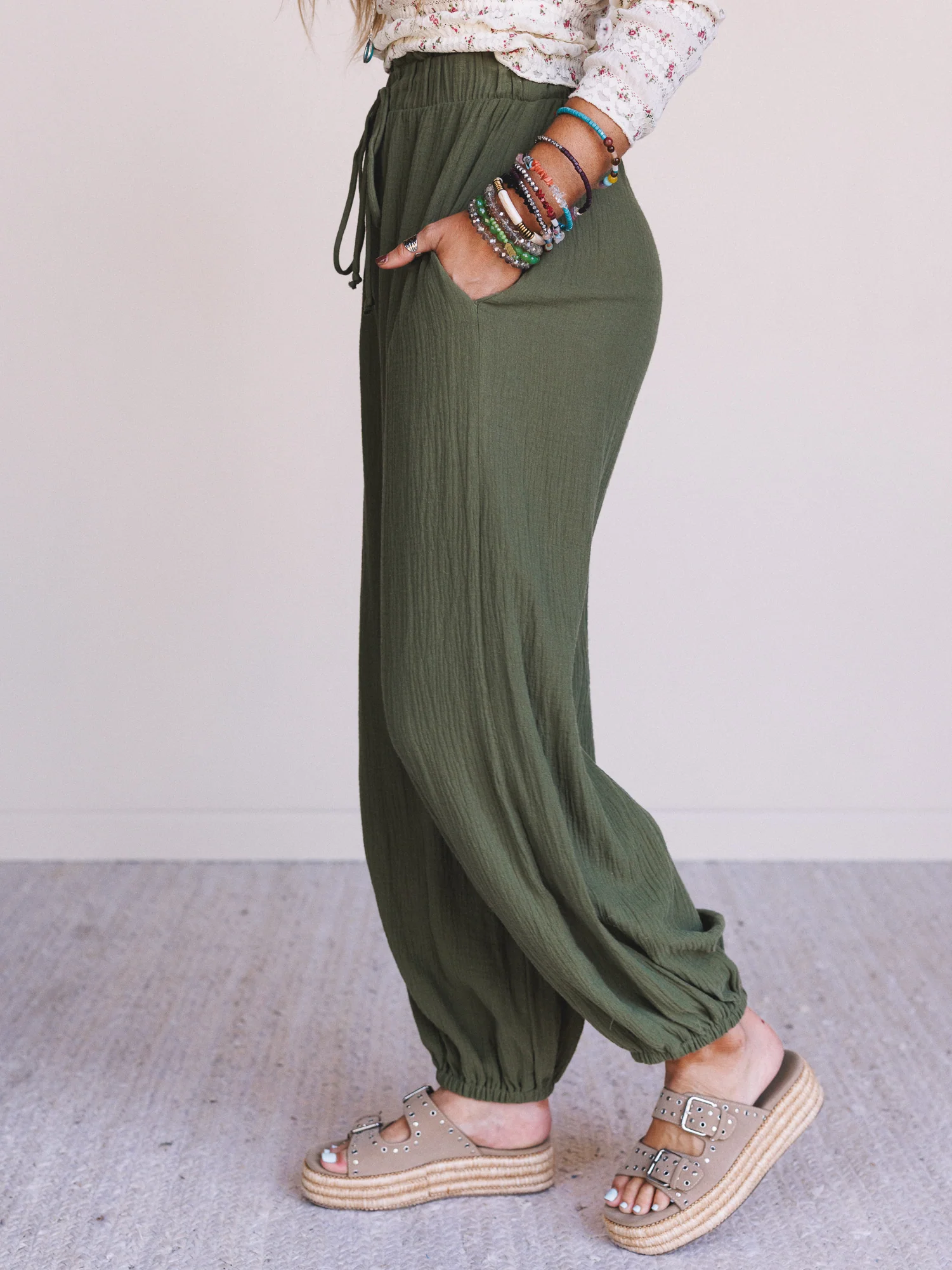 The Nest Celestia Wide Leg Cinched Pants - Olive - Image 3