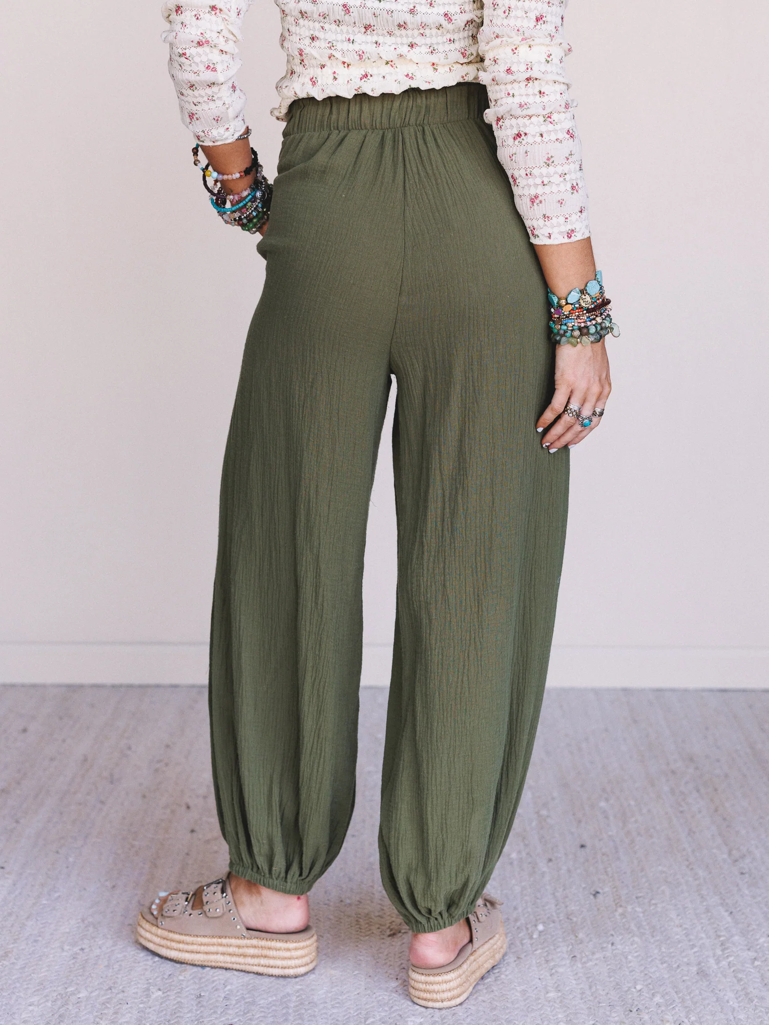 The Nest Celestia Wide Leg Cinched Pants - Olive - Image 4