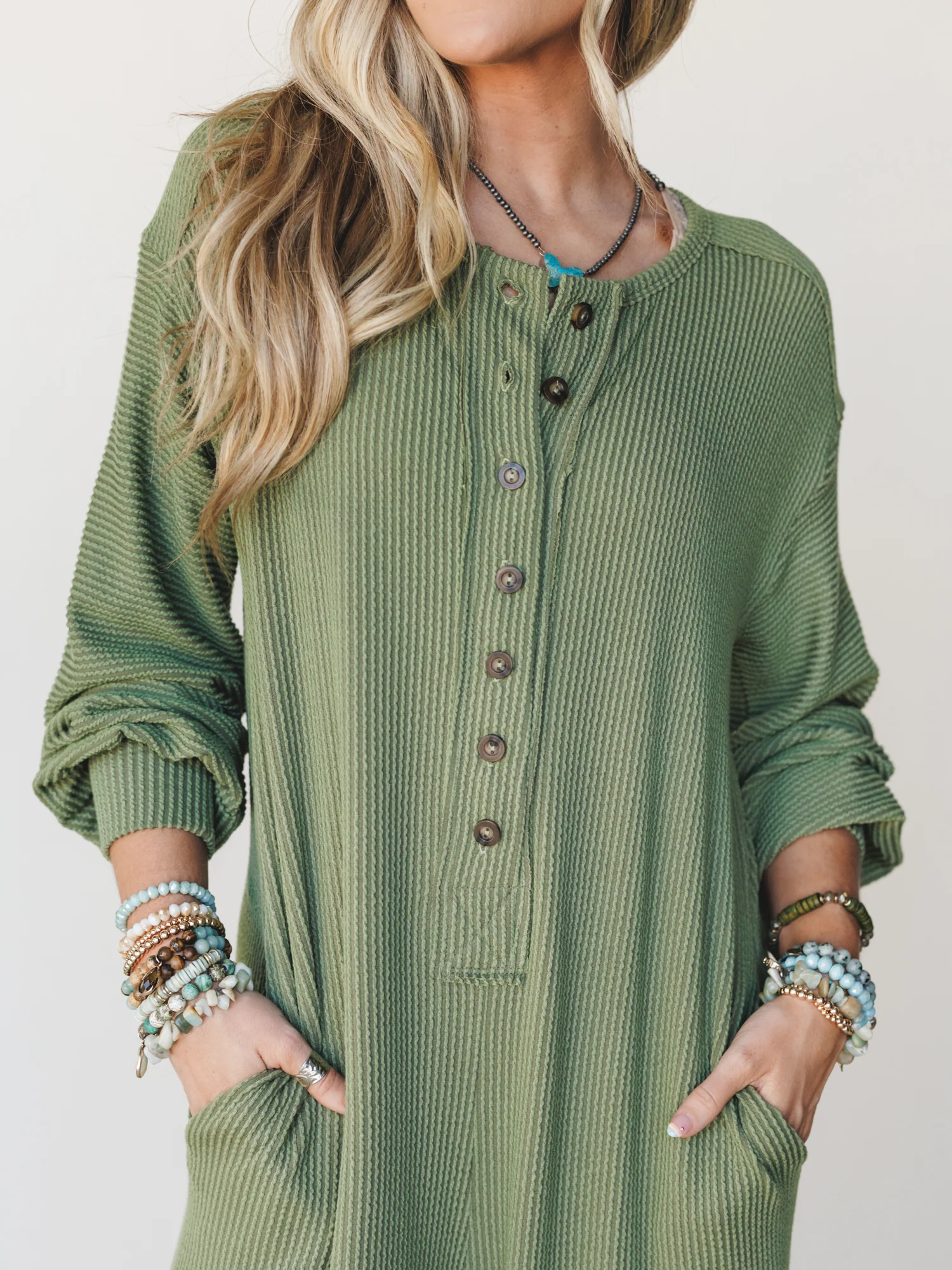 The Nest Daphne Textured Long Sleeve Jumpsuit - Army - Image 3