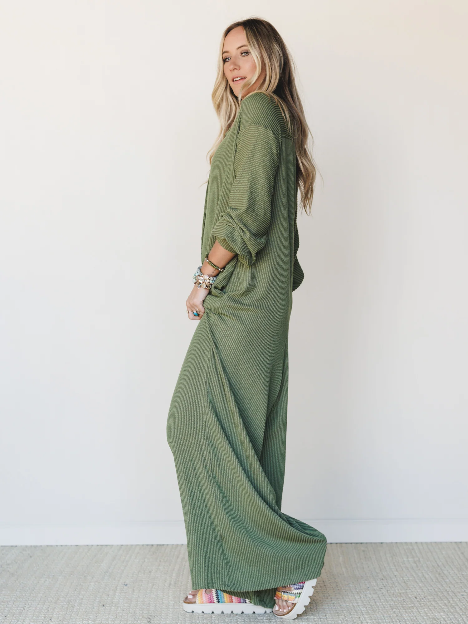 The Nest Daphne Textured Long Sleeve Jumpsuit - Army - Image 4