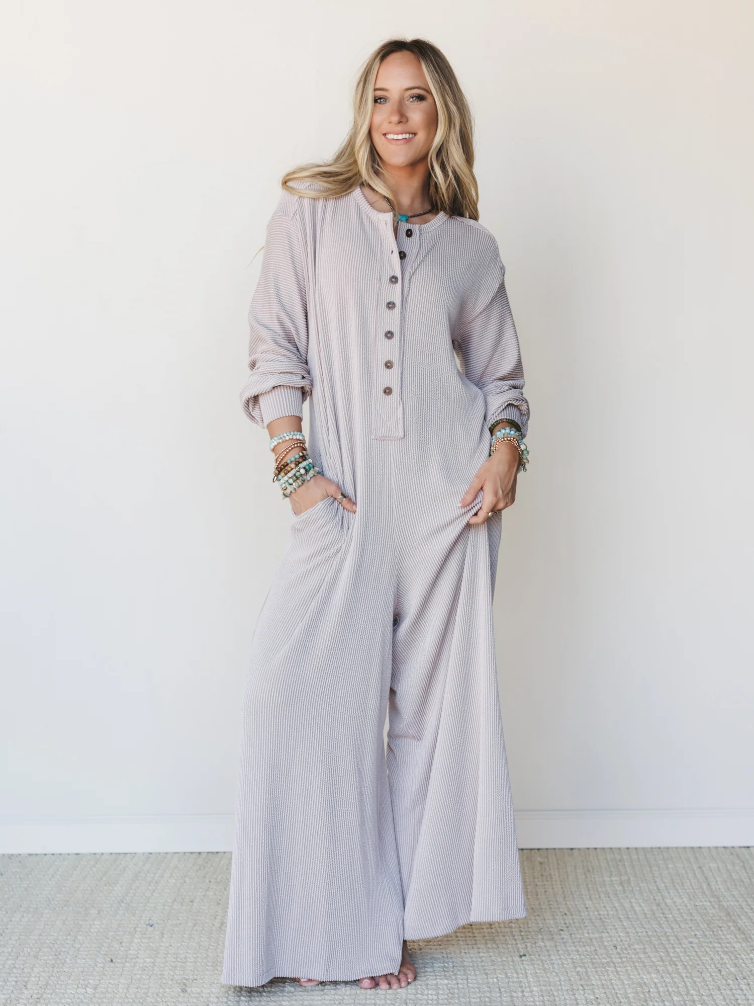 The Nest Daphne Textured Long Sleeve Jumpsuit - Oat
