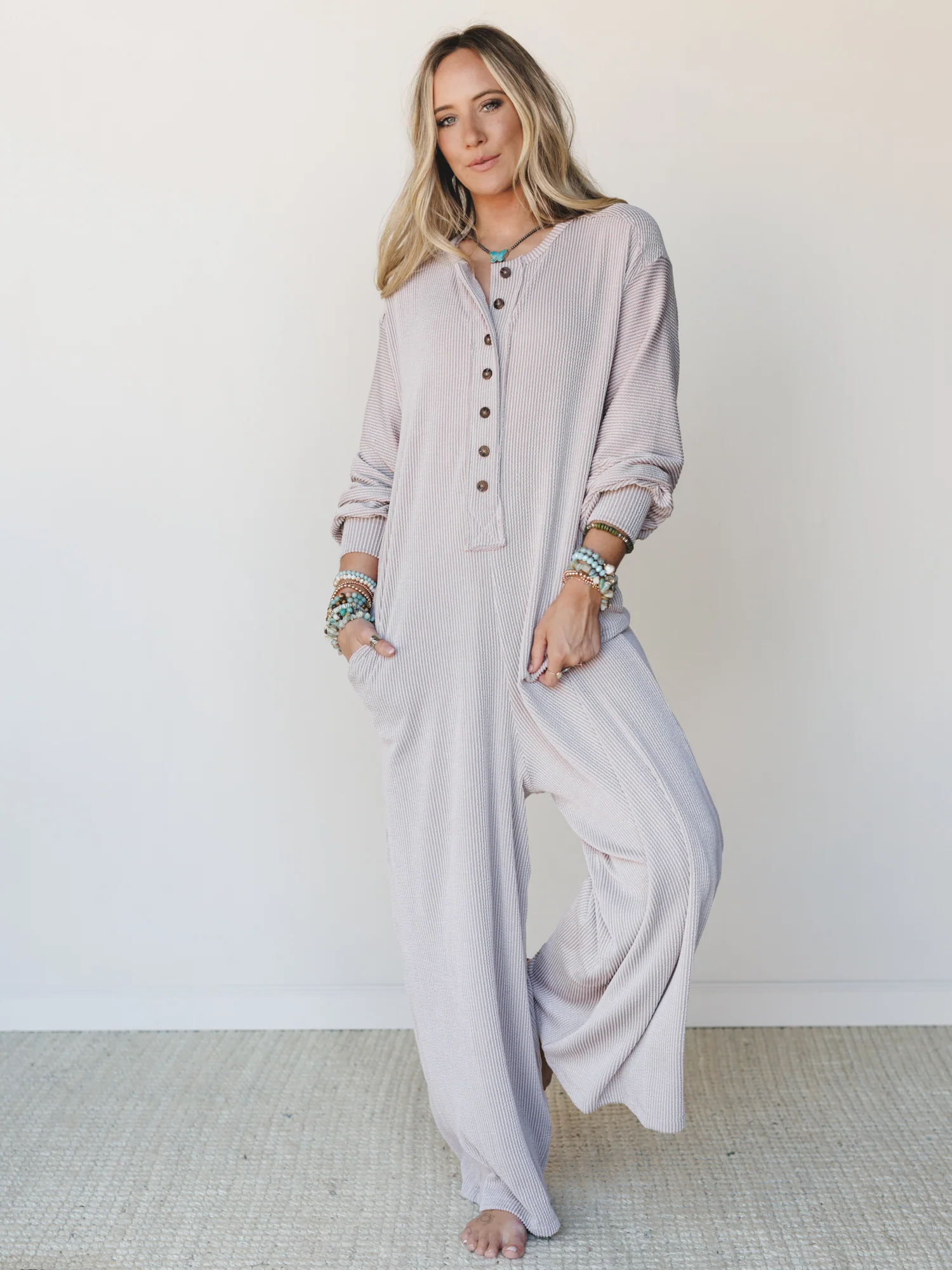 The Nest Daphne Textured Long Sleeve Jumpsuit - Oat - Image 2