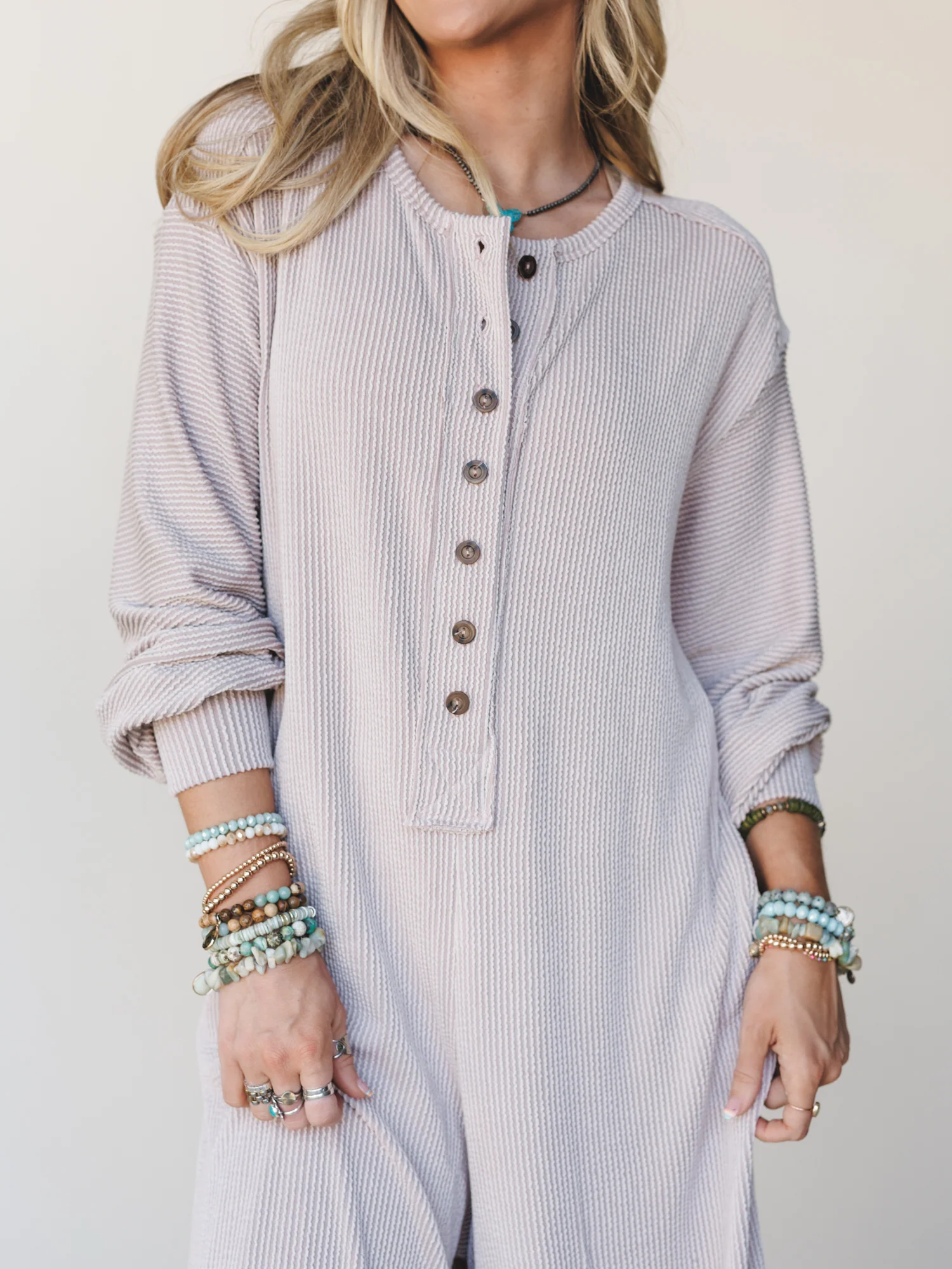 The Nest Daphne Textured Long Sleeve Jumpsuit - Oat - Image 3