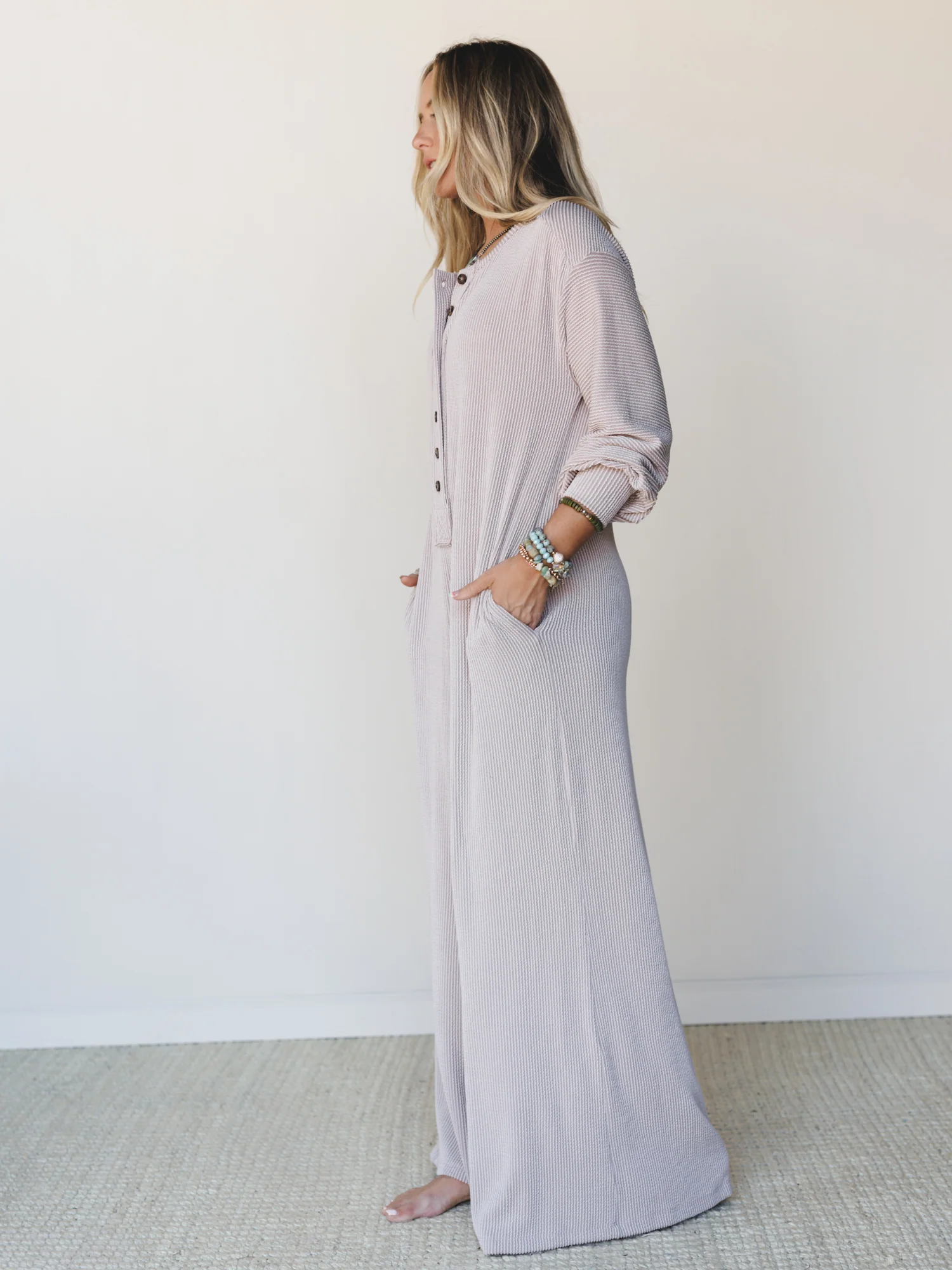 The Nest Daphne Textured Long Sleeve Jumpsuit - Oat - Image 4