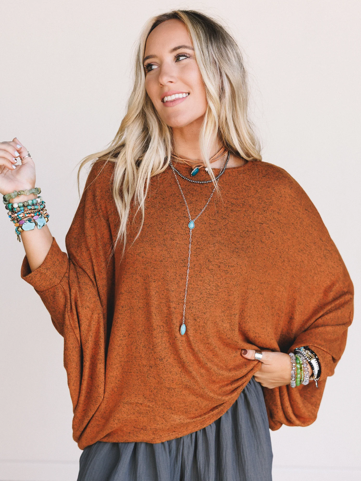 The Nest Fly With Me Batwing Sleeve Knit Sweater - Rust - Image 3