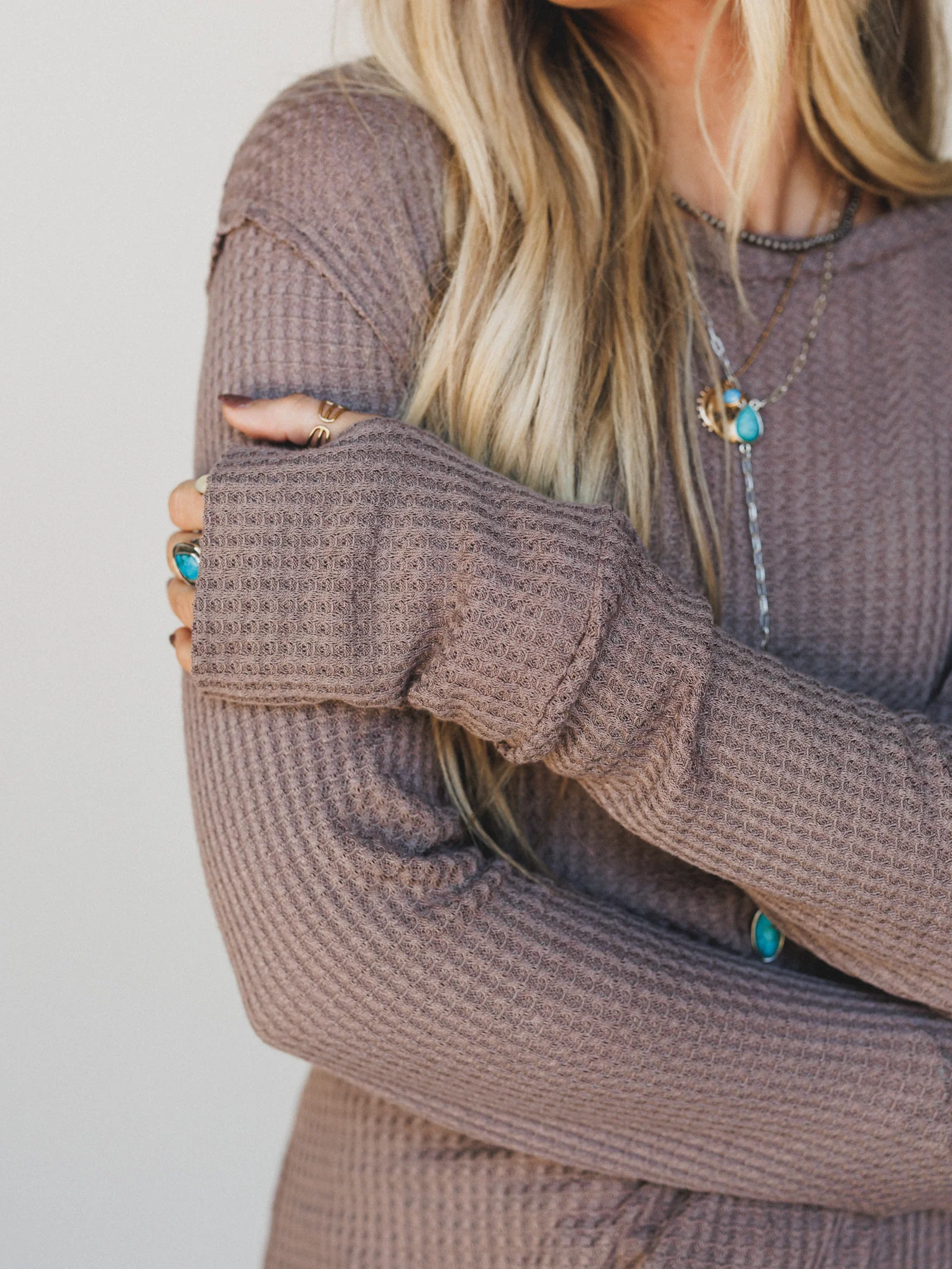 The Nest Jacqueline Waffle Long Sleeve Top - Mocha - Image 2