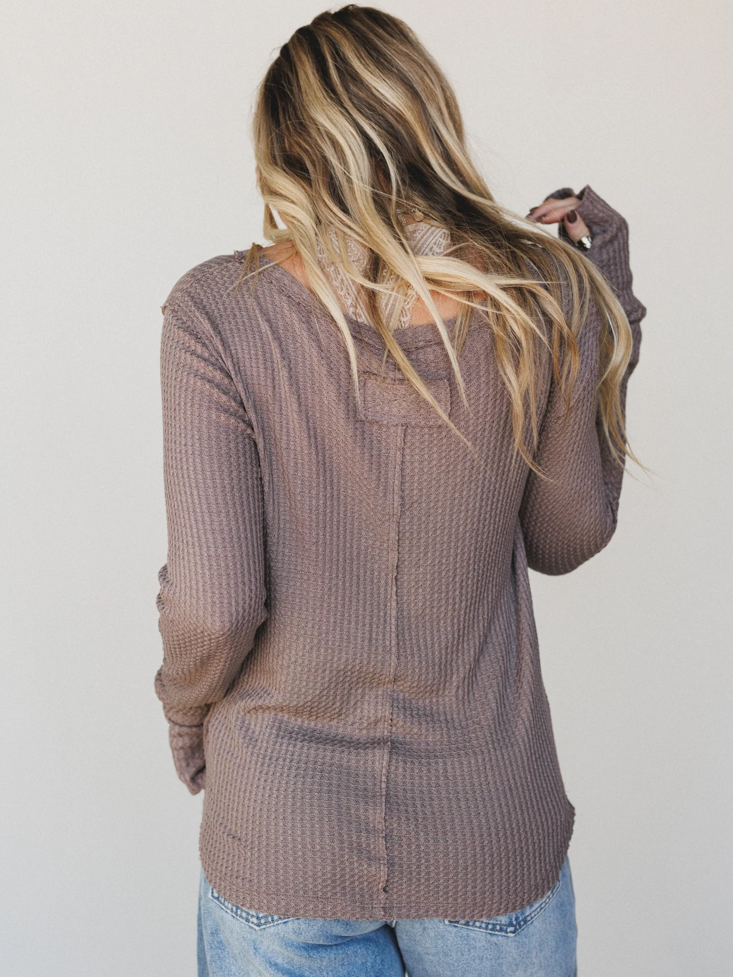 The Nest Jacqueline Waffle Long Sleeve Top - Mocha - Image 4