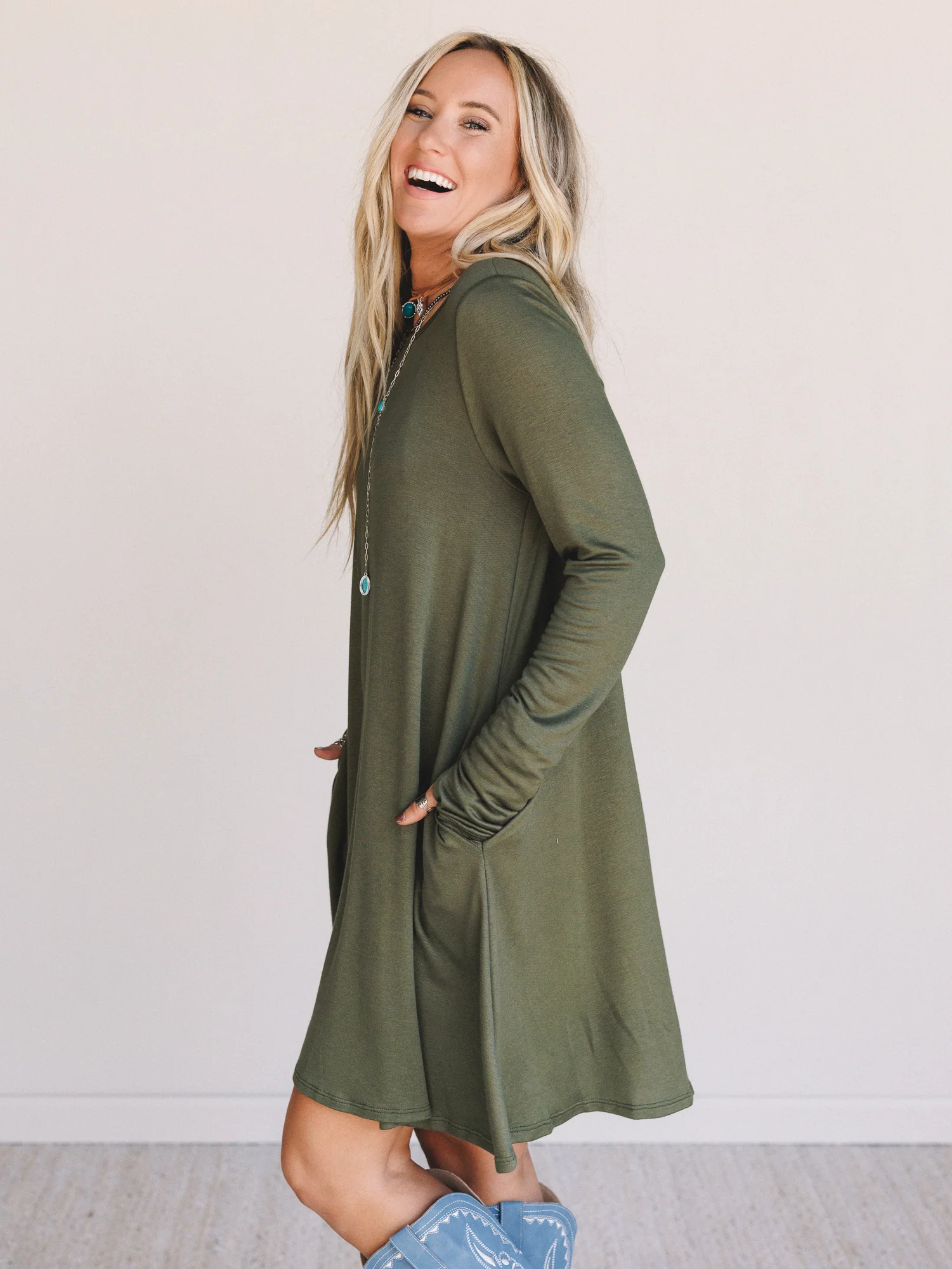 The Nest Jake Long Sleeve Crewneck Dress - Olive - Image 3