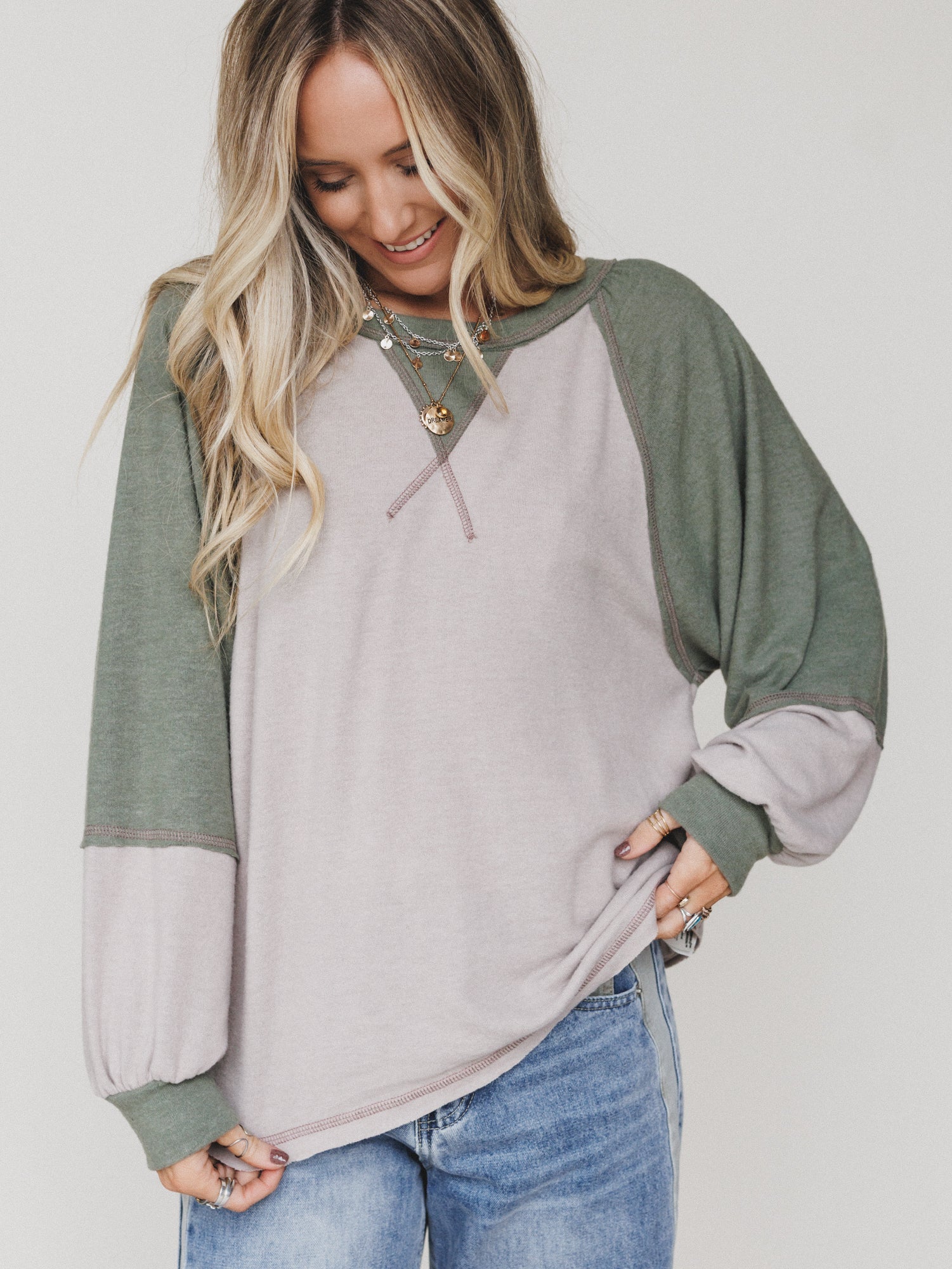 The Nest Jules Contrast Pullover Top - Taupe Olive - Image 4