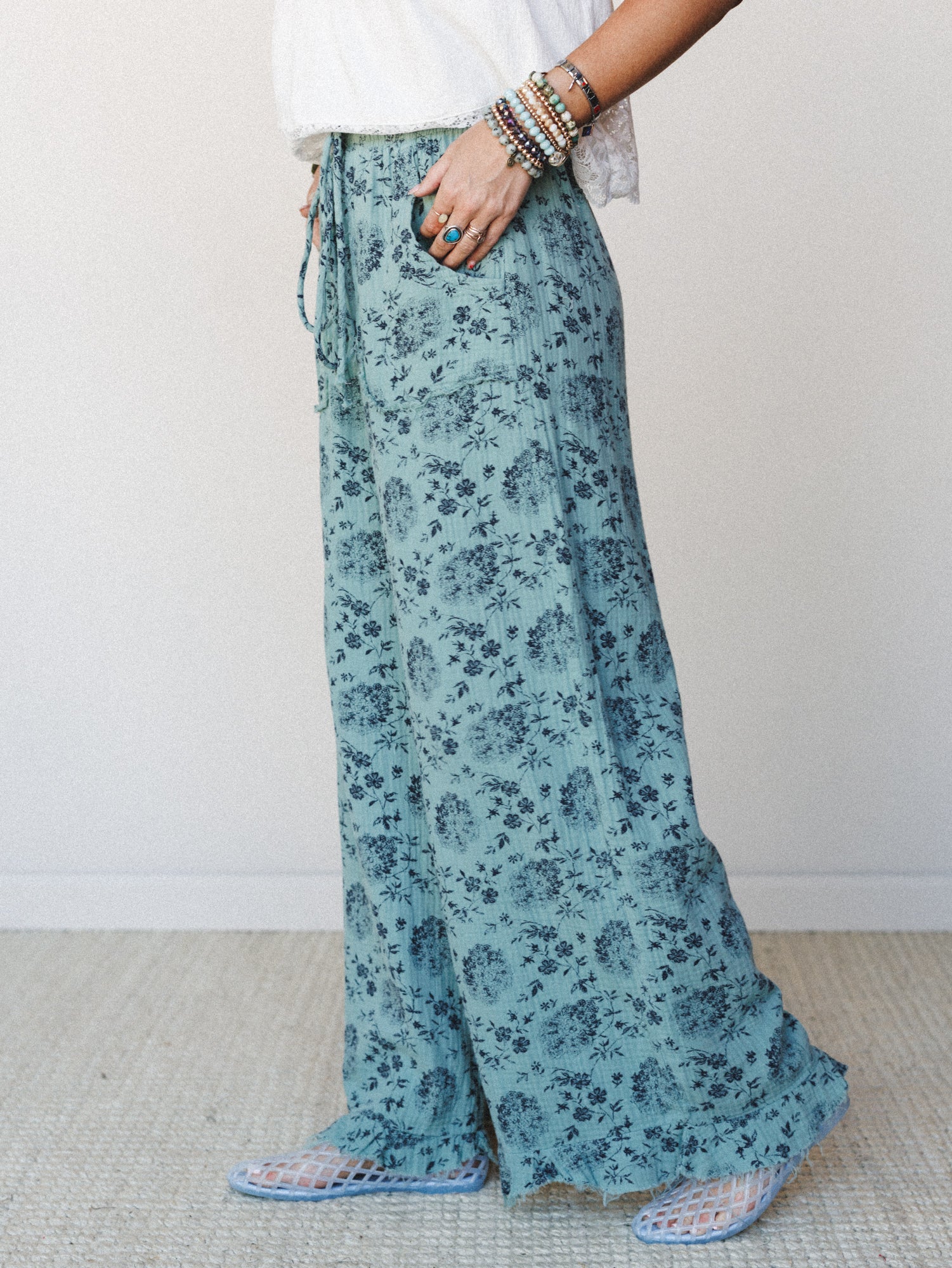 The Nest Sandra Wide Leg Ruffle Pant - Turquoise - Image 4