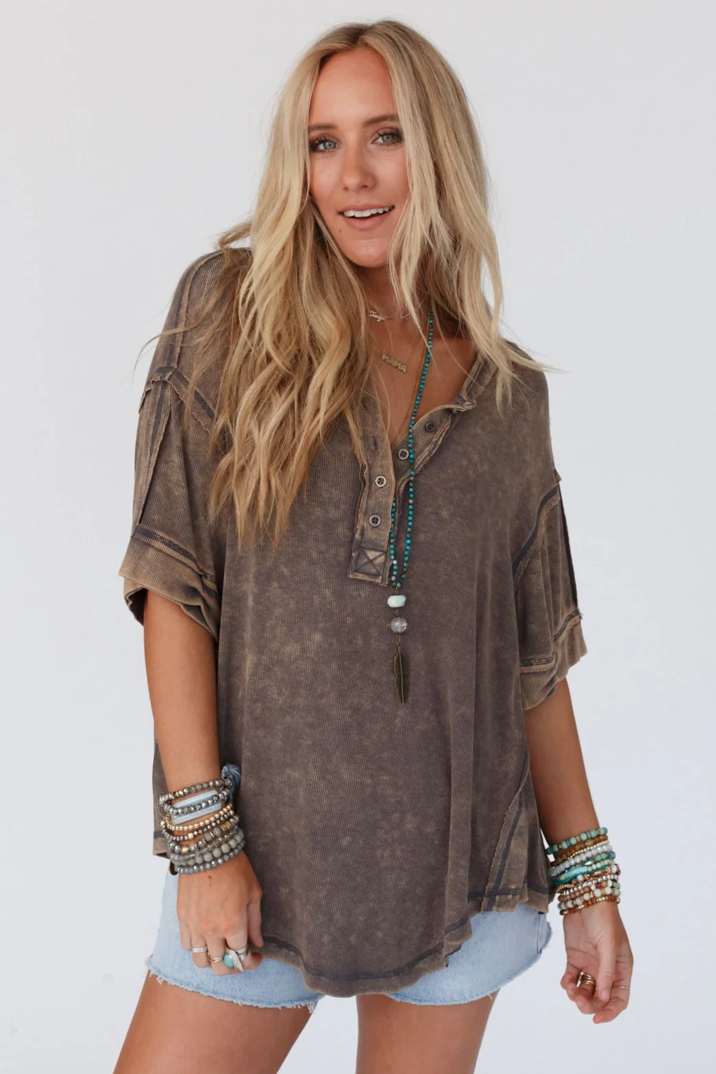 Time Flies Round Hem Top - Gray Brown - Image 5