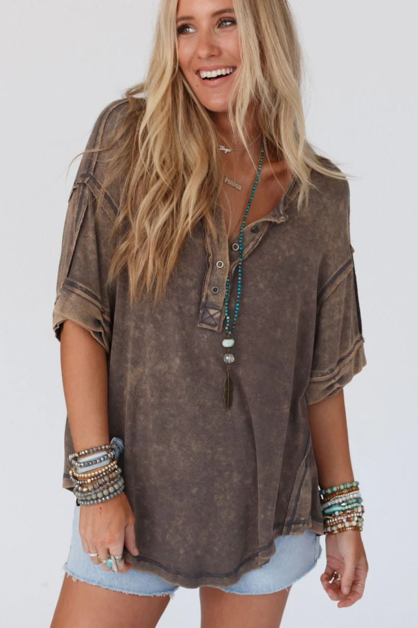 Time Flies Round Hem Top - Gray Brown