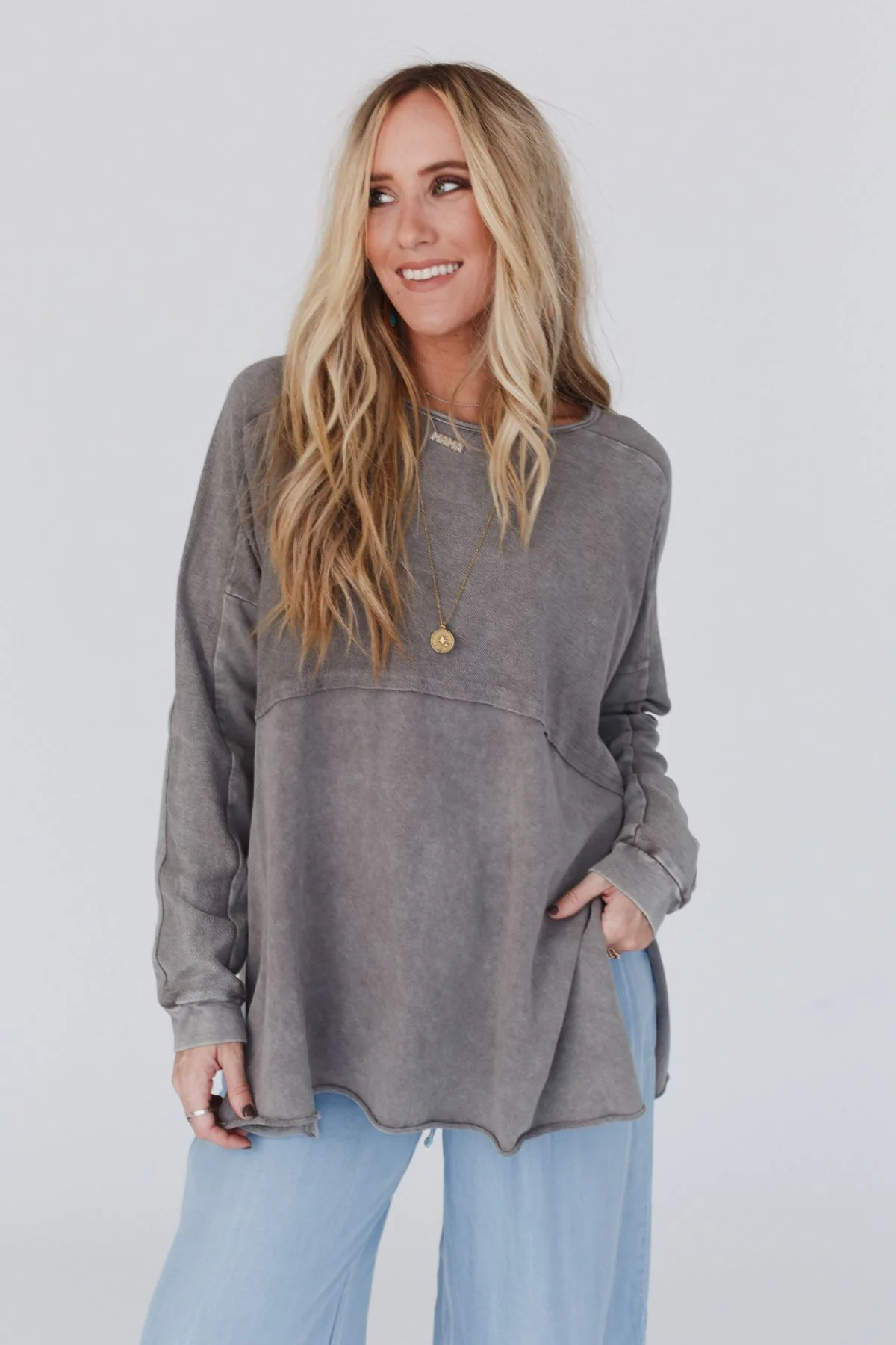 Time Off Terry Knit Pullover Top - Gray - Pre Order