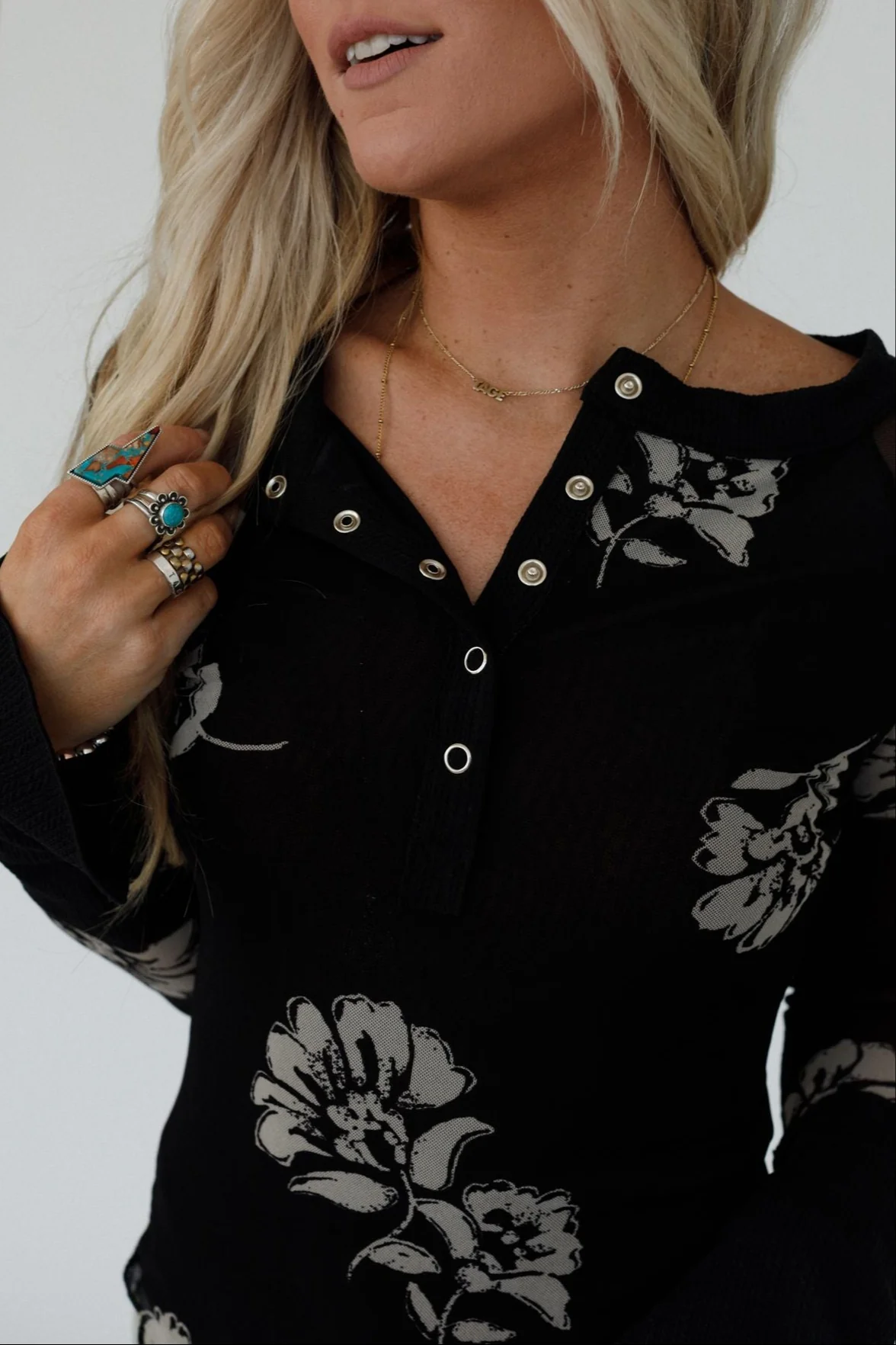 Vivid Garden Mesh Henley Top - Black - Image 3