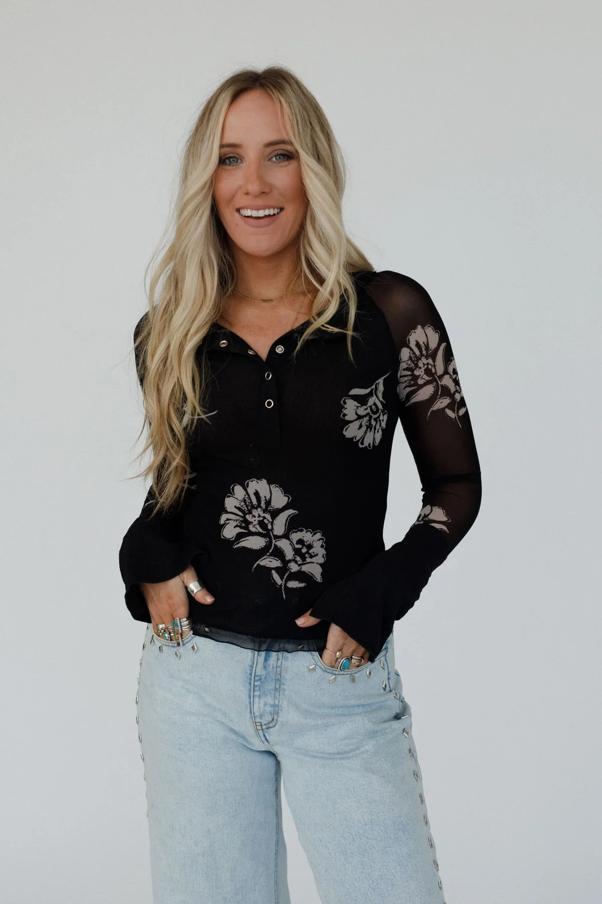 Vivid Garden Mesh Henley Top - Black - Image 4