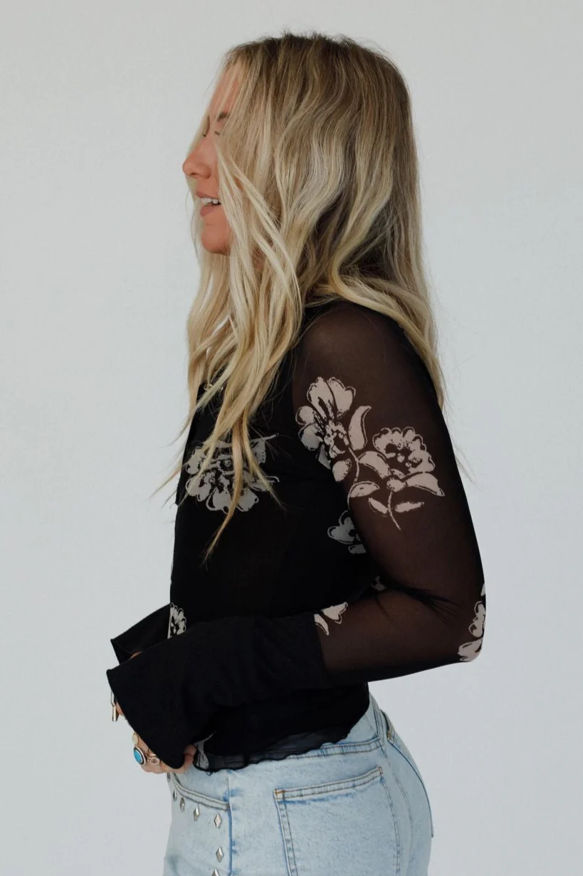 Vivid Garden Mesh Henley Top - Black - Image 5