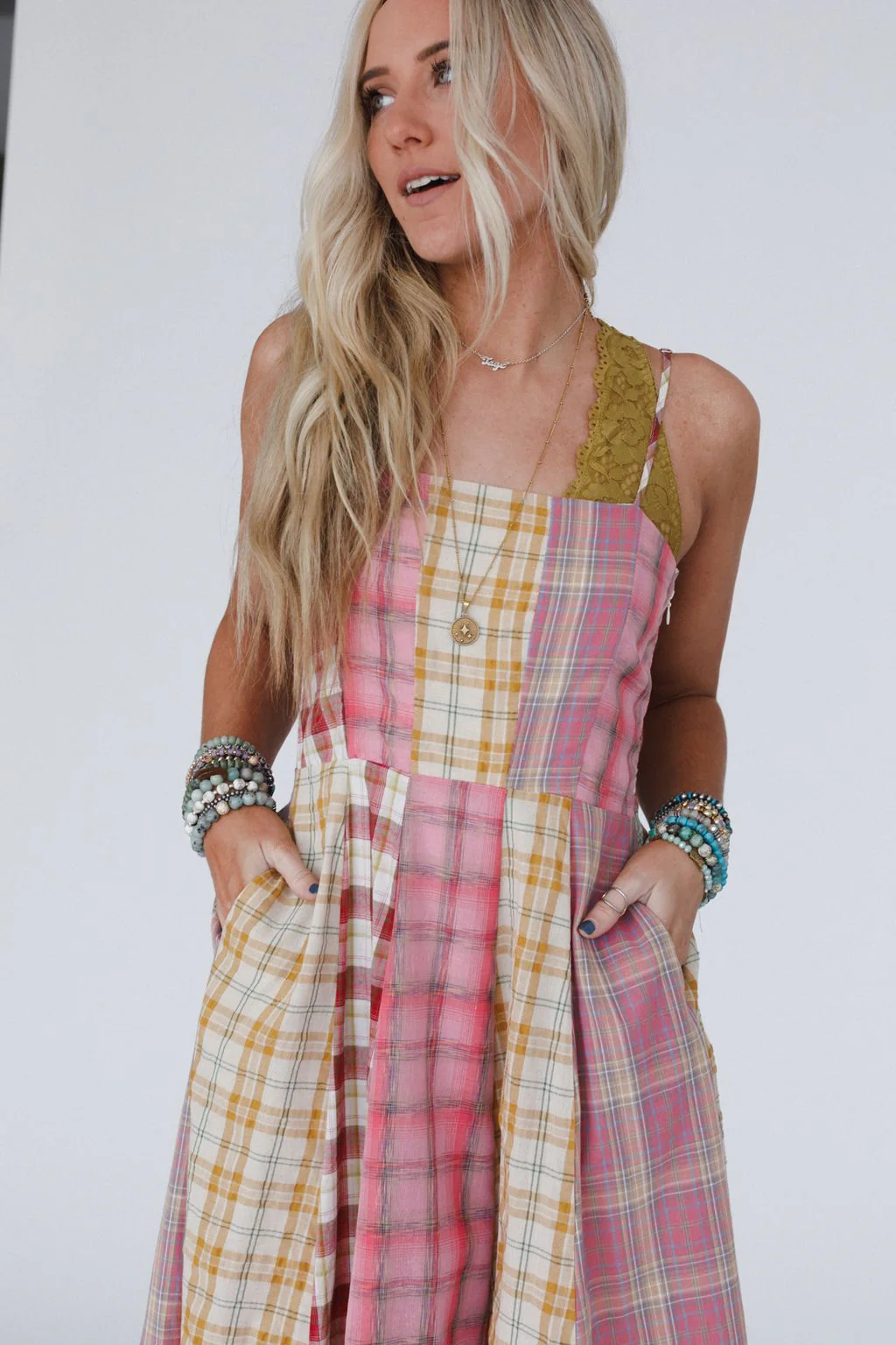 Western Charm Checkered Dress - Pink - Image 4
