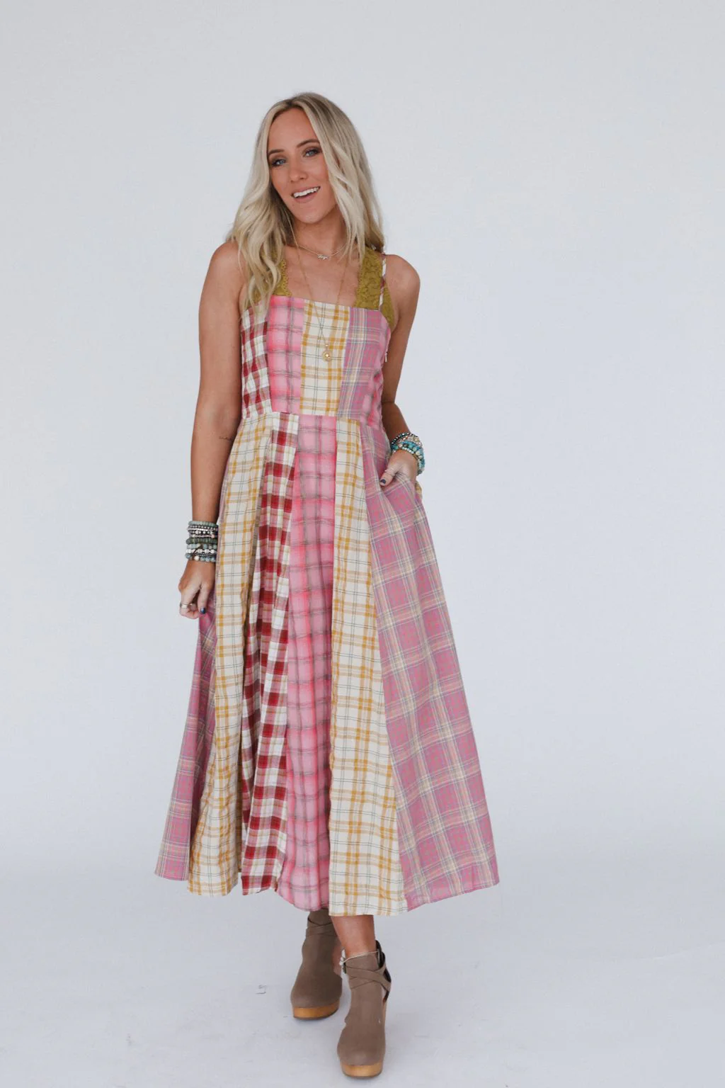 Western Charm Checkered Dress - Pink - Image 6