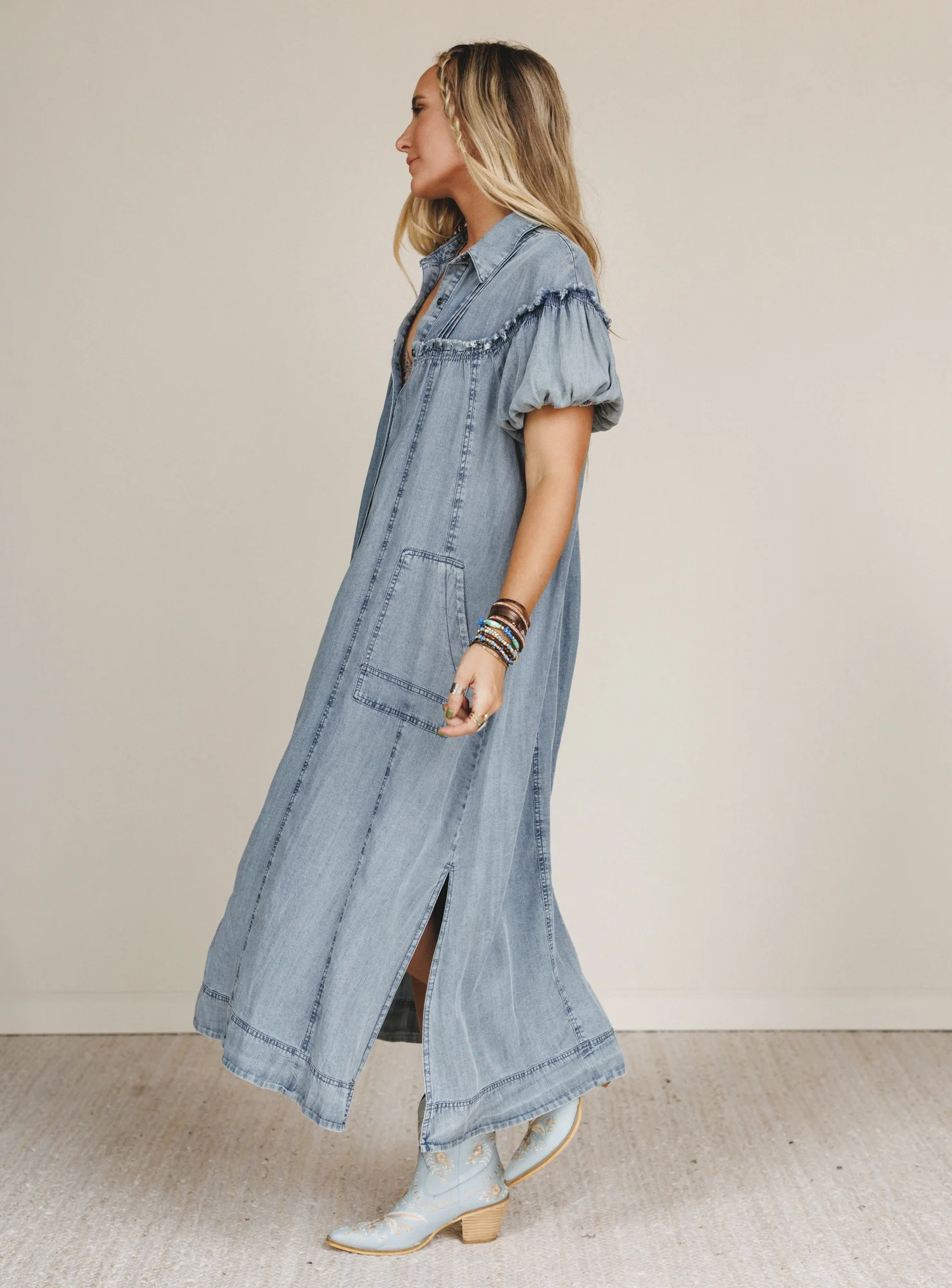 Western Muse Puff Sleeve Maxi Dress - Denim - Image 2