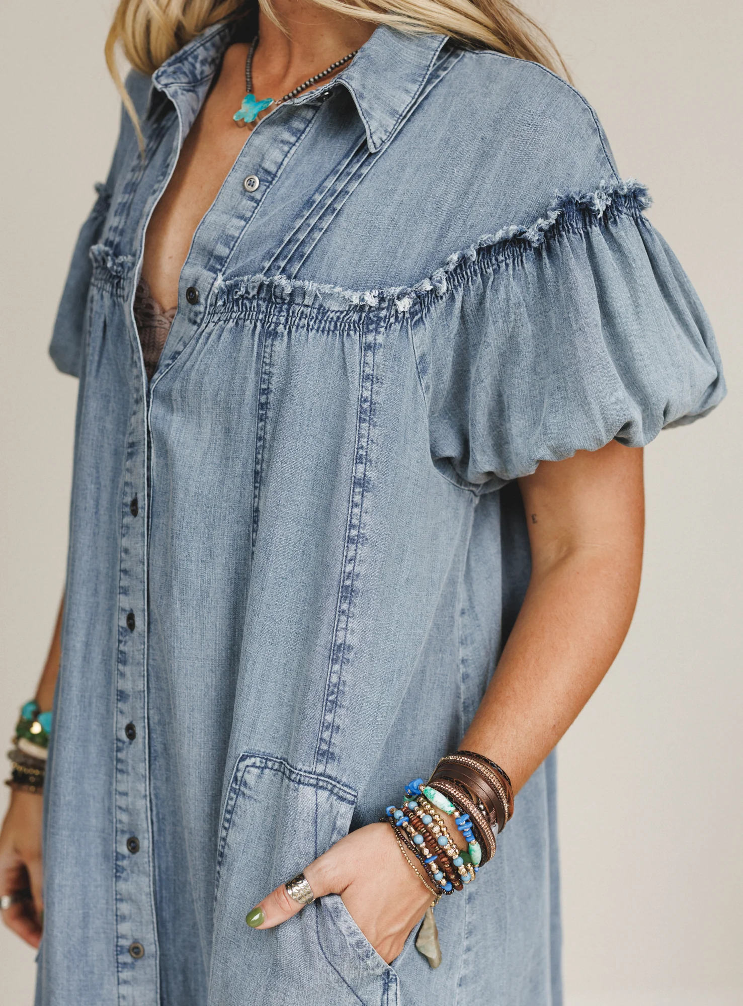 Western Muse Puff Sleeve Maxi Dress - Denim - Image 3