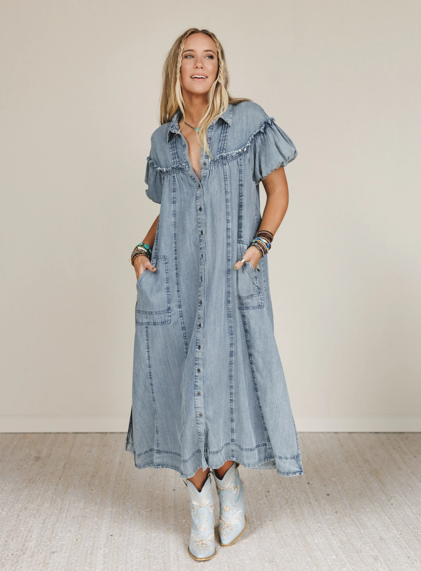 Western Muse Puff Sleeve Maxi Dress - Denim - Image 4