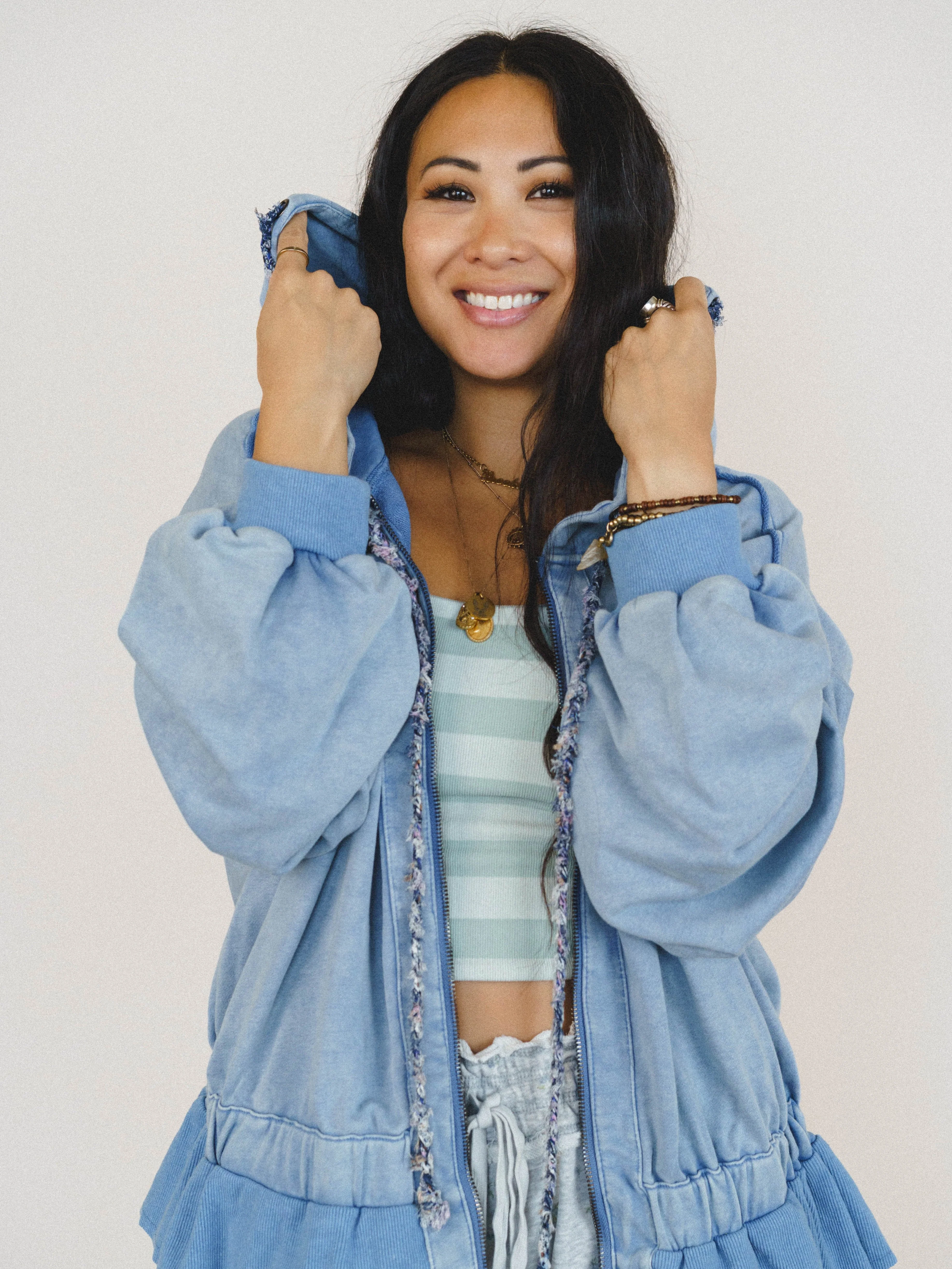 Wistful In Ruffles Zip Up Hooded Jacket - Blue - Image 4