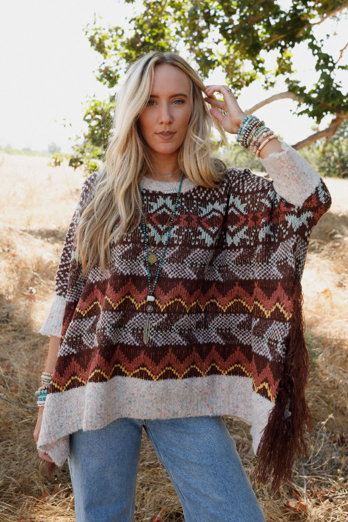 Zahra Aztec Fringe Poncho - Brown - Image 10