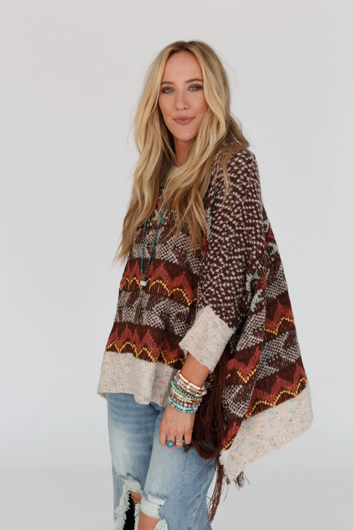 Zahra Aztec Fringe Poncho - Brown - Image 3