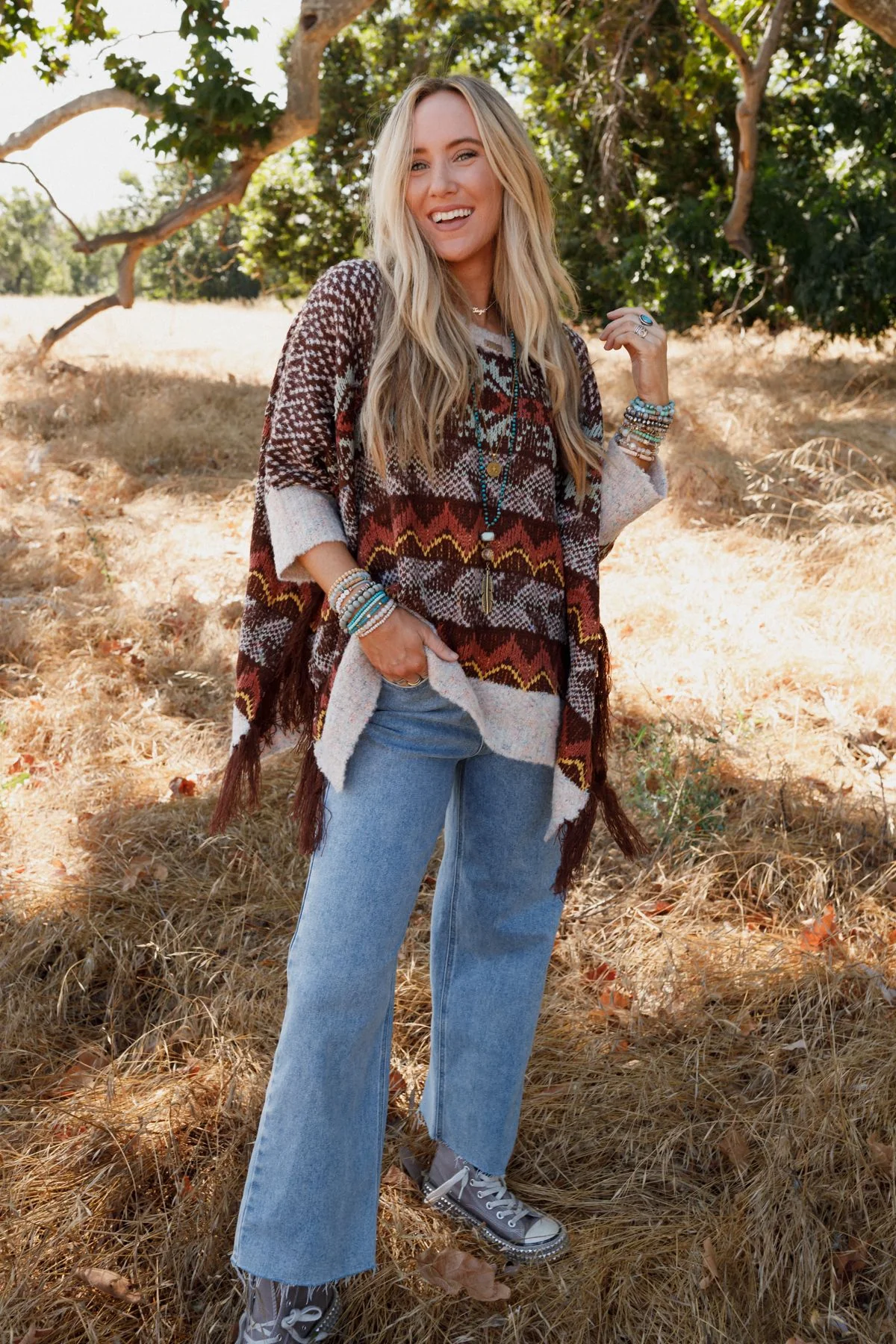 Zahra Aztec Fringe Poncho - Brown - Image 4