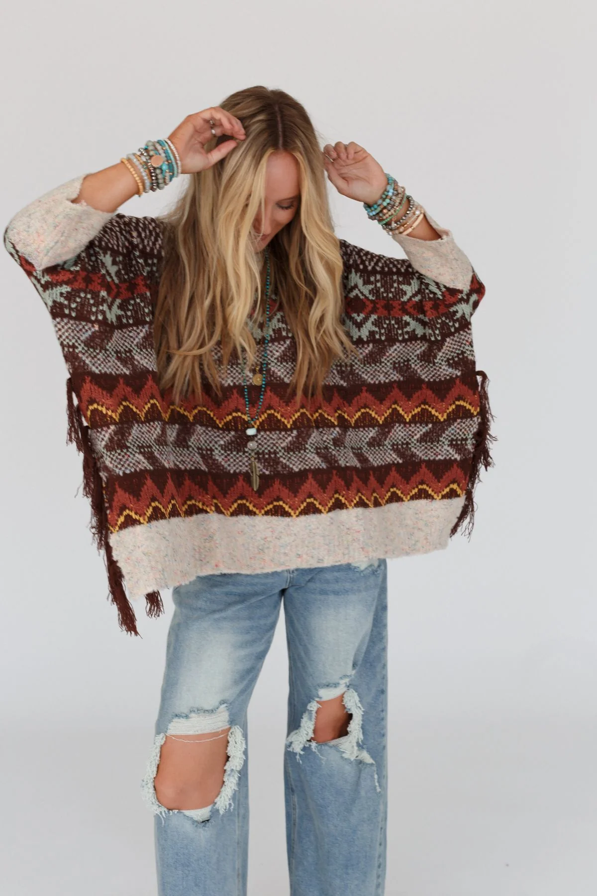 Zahra Aztec Fringe Poncho - Brown - Image 5