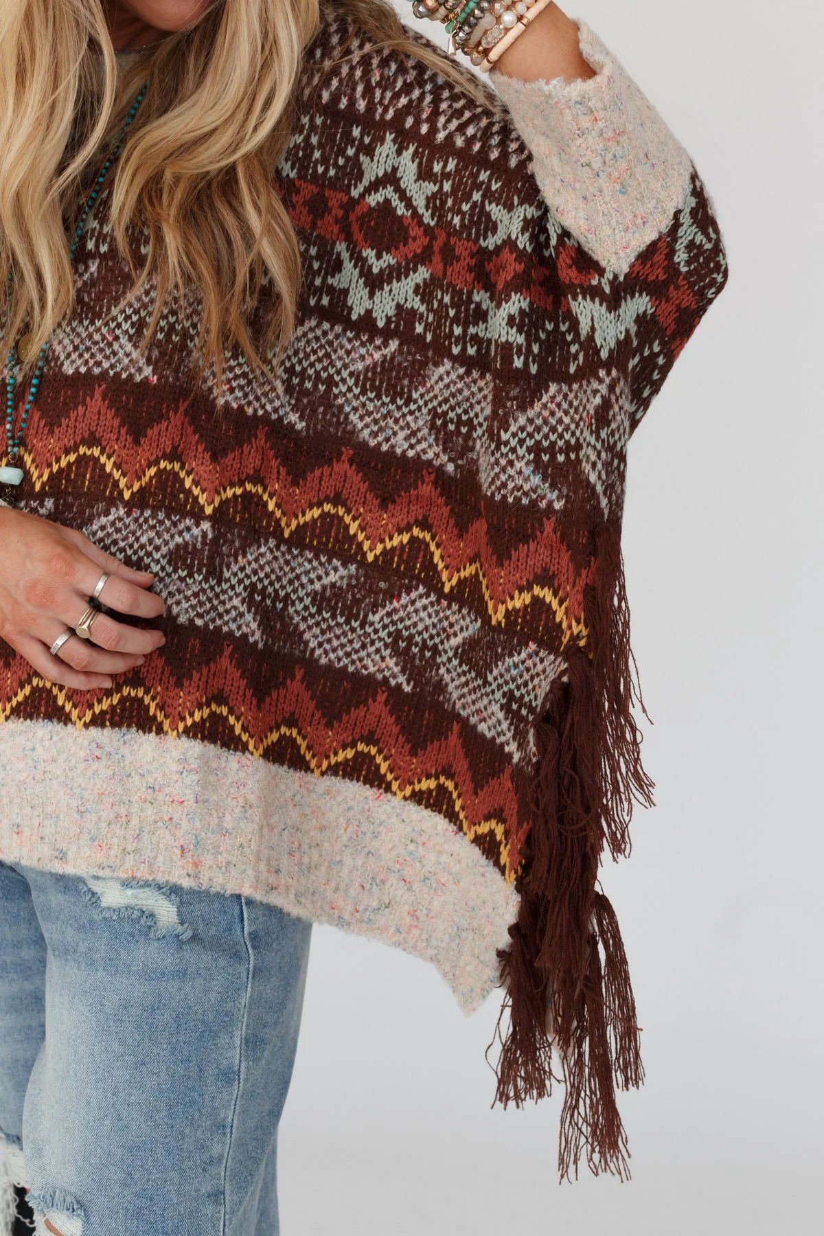Zahra Aztec Fringe Poncho - Brown - Image 8