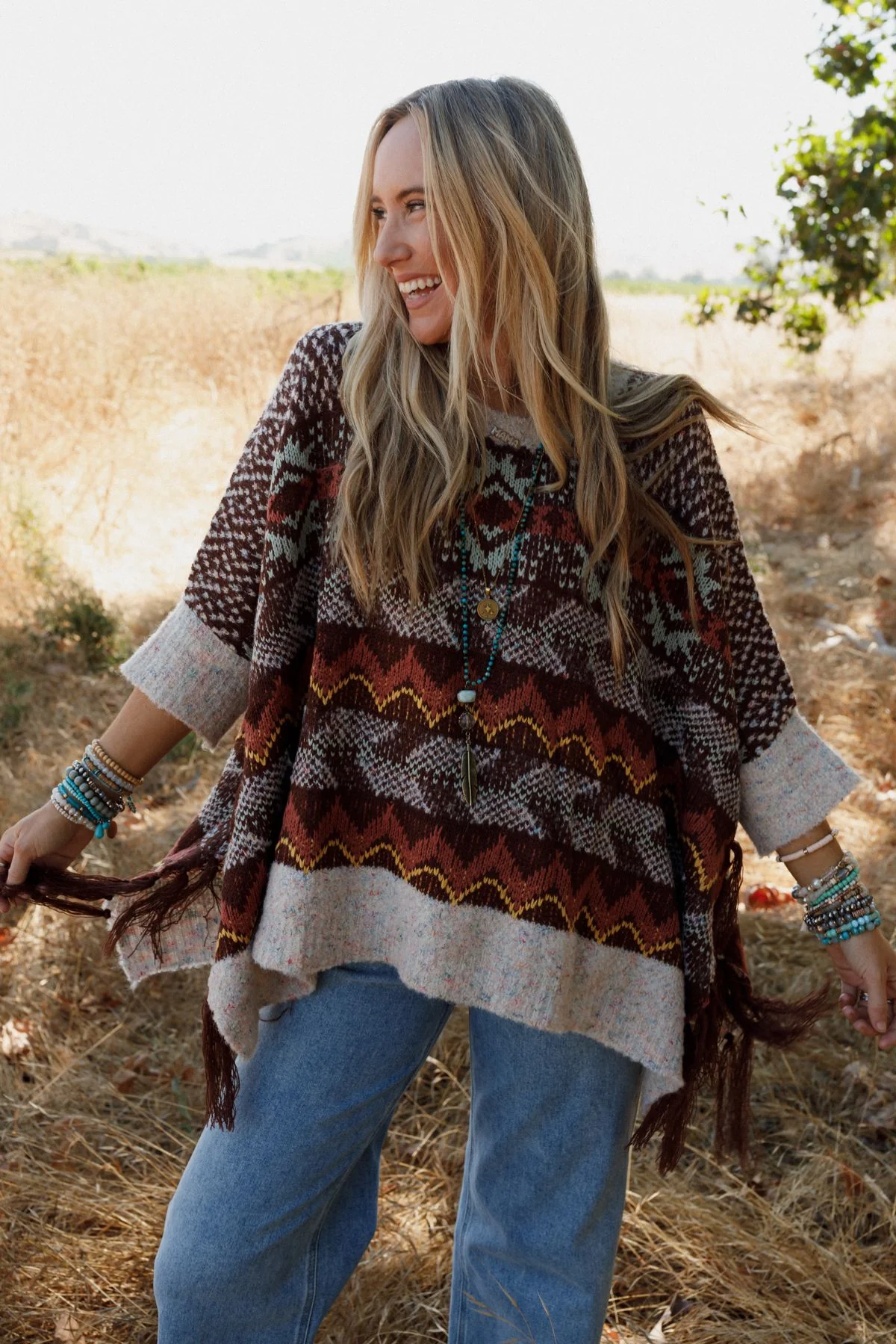 Zahra Aztec Fringe Poncho - Brown - Image 9