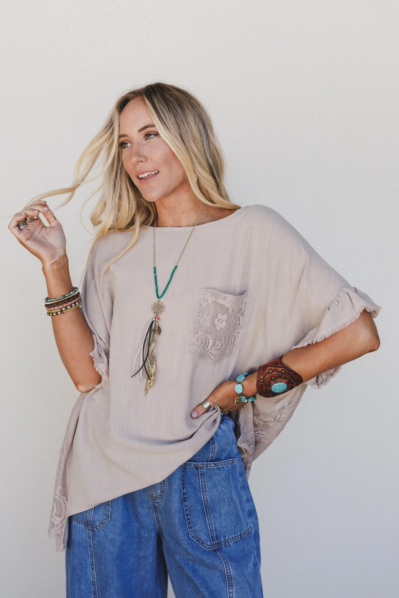 Zhara Lace Back Top - Khaki - Pre Order